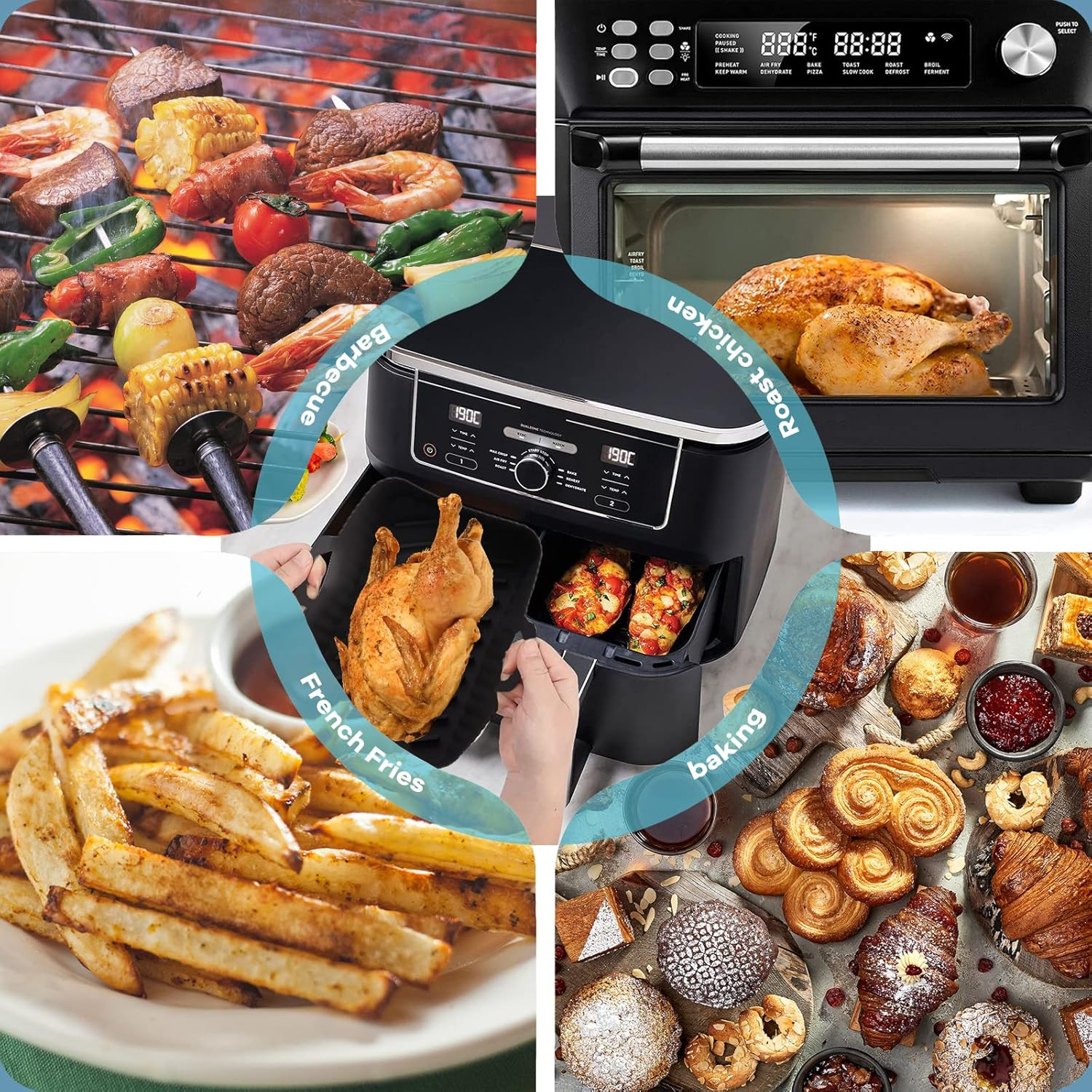 Das Bild zeigt Grill, Brathähnchen, Pommes Frites und Backwaren, wobei Kochmethoden und Lebensmittelvielfalt hervorgehoben werden.