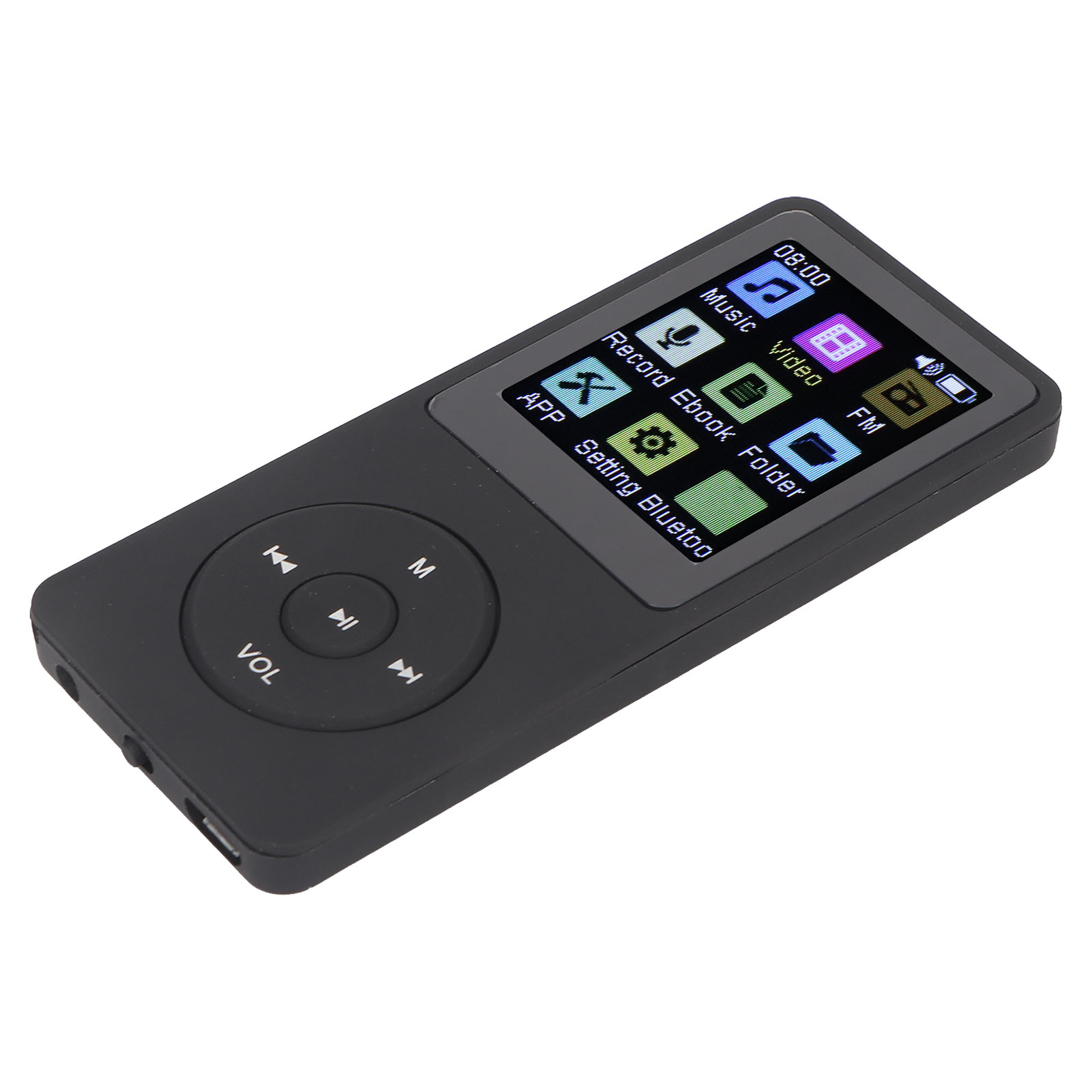 Schwarzer MP3-Player mit Bildschirm, der Symbole für Musik, Video und Einstellungen anzeigt. Tasten für Lautstärke und Navigation.