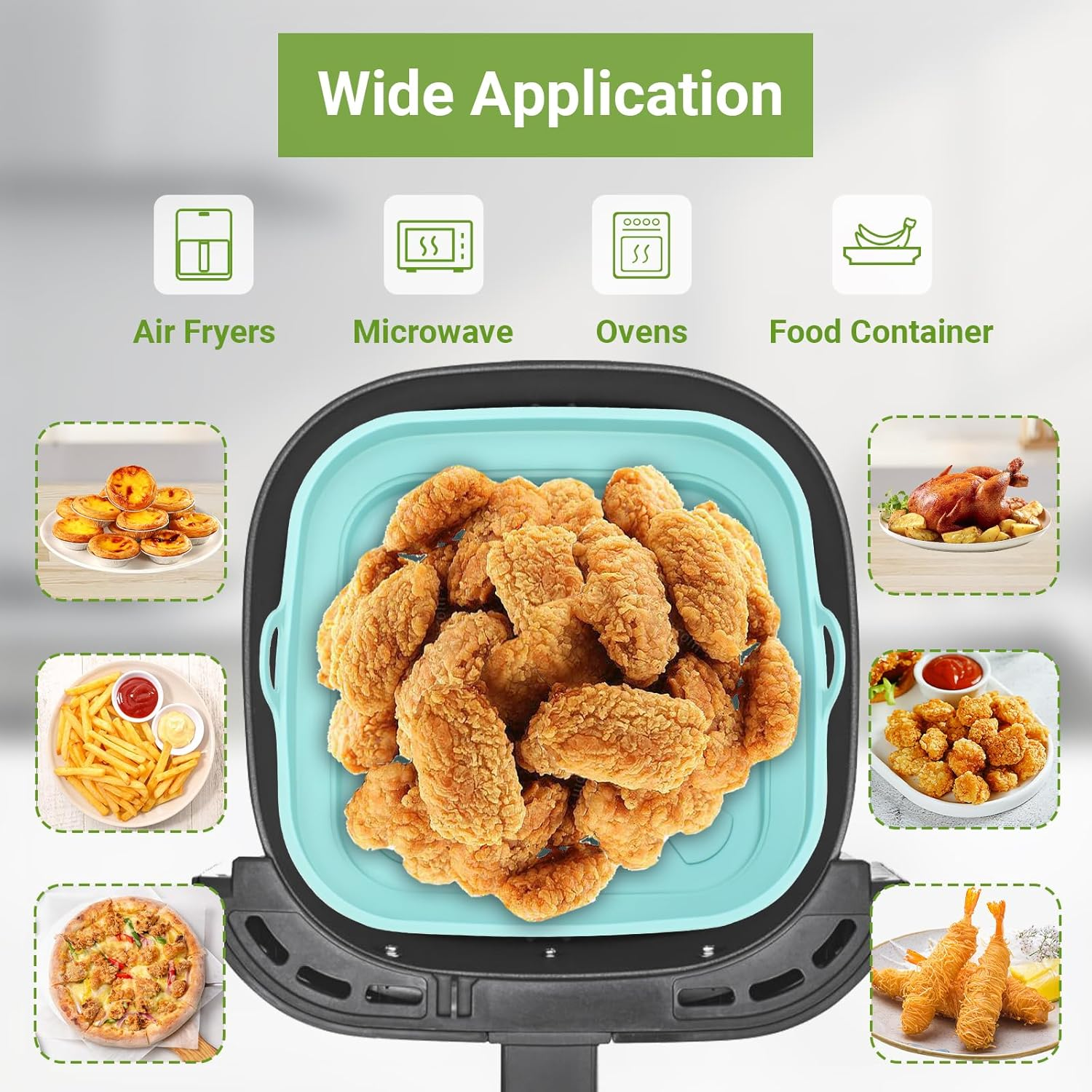 Ein Airfryer mit Hähnchen, umgeben von Bildern von Lebensmitteln und Anwendungssymbolen für verschiedene Geräte.