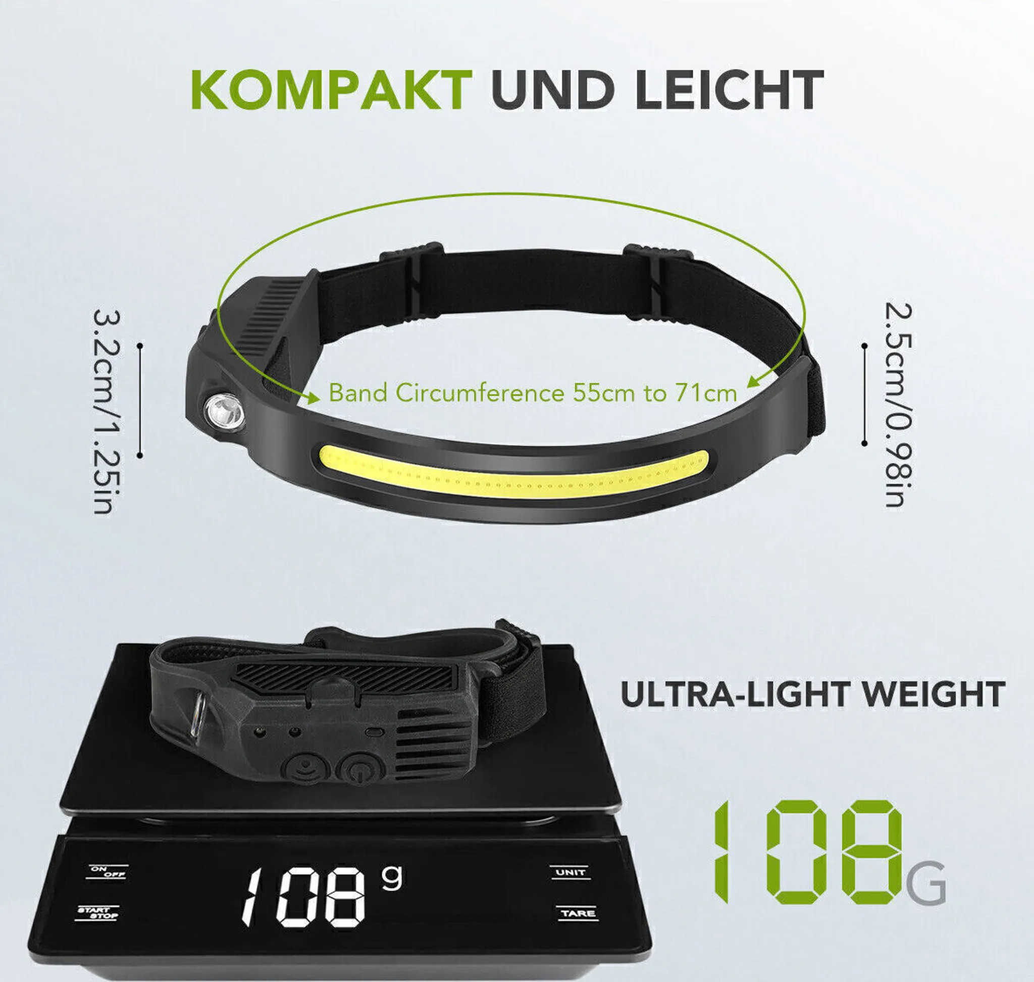 Schwarze Stirnlampe auf einer Waage zeigt 108g. Abmessungen werden angezeigt. Text sagt 'Ultra-leichtes Gewicht' und 'Kompakt und leicht'.