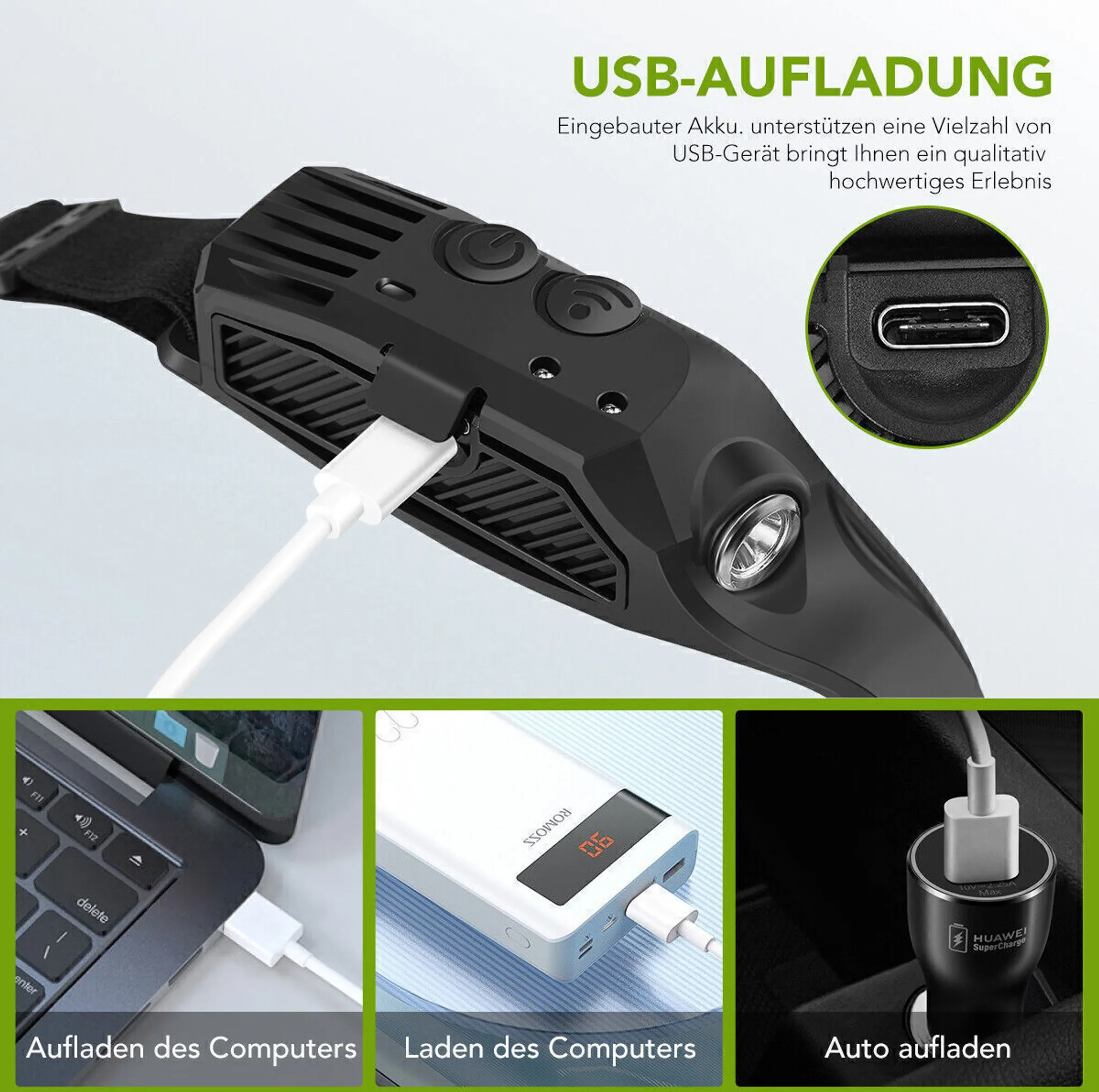 Eine schwarze Stirnlampe mit USB-Kabel. Ladeoptionen: Laptop, Powerbank und Autoladegerät.