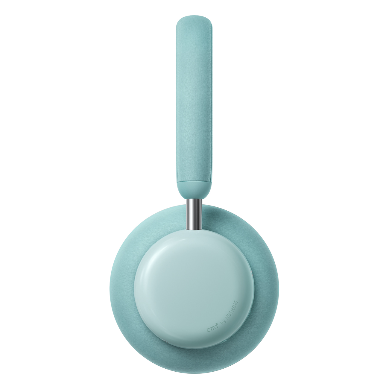 Para turkusowych słuchawek, widziana z góry. Nauszniki są okrągłe, a pałąk pionowy. Tło jest białe.