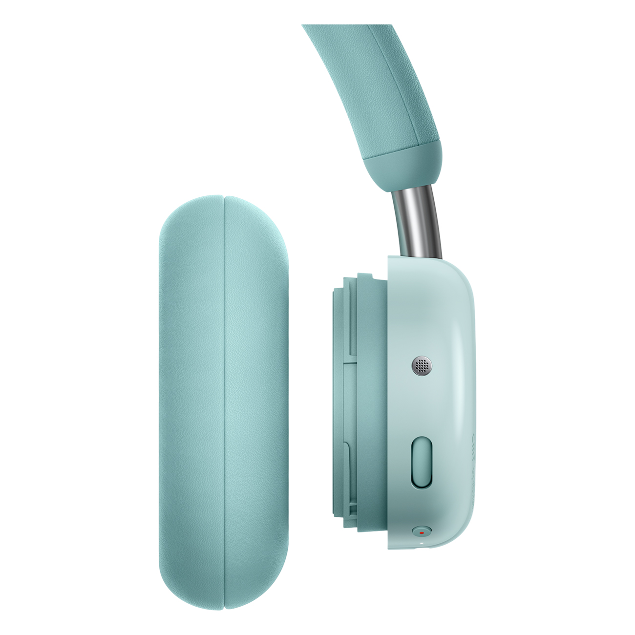 Jasnoniebieski zestaw słuchawkowy, z widoczną jedną słuchawką i pałąkiem. Słuchawka jest obok drugiej, obie na białym tle.