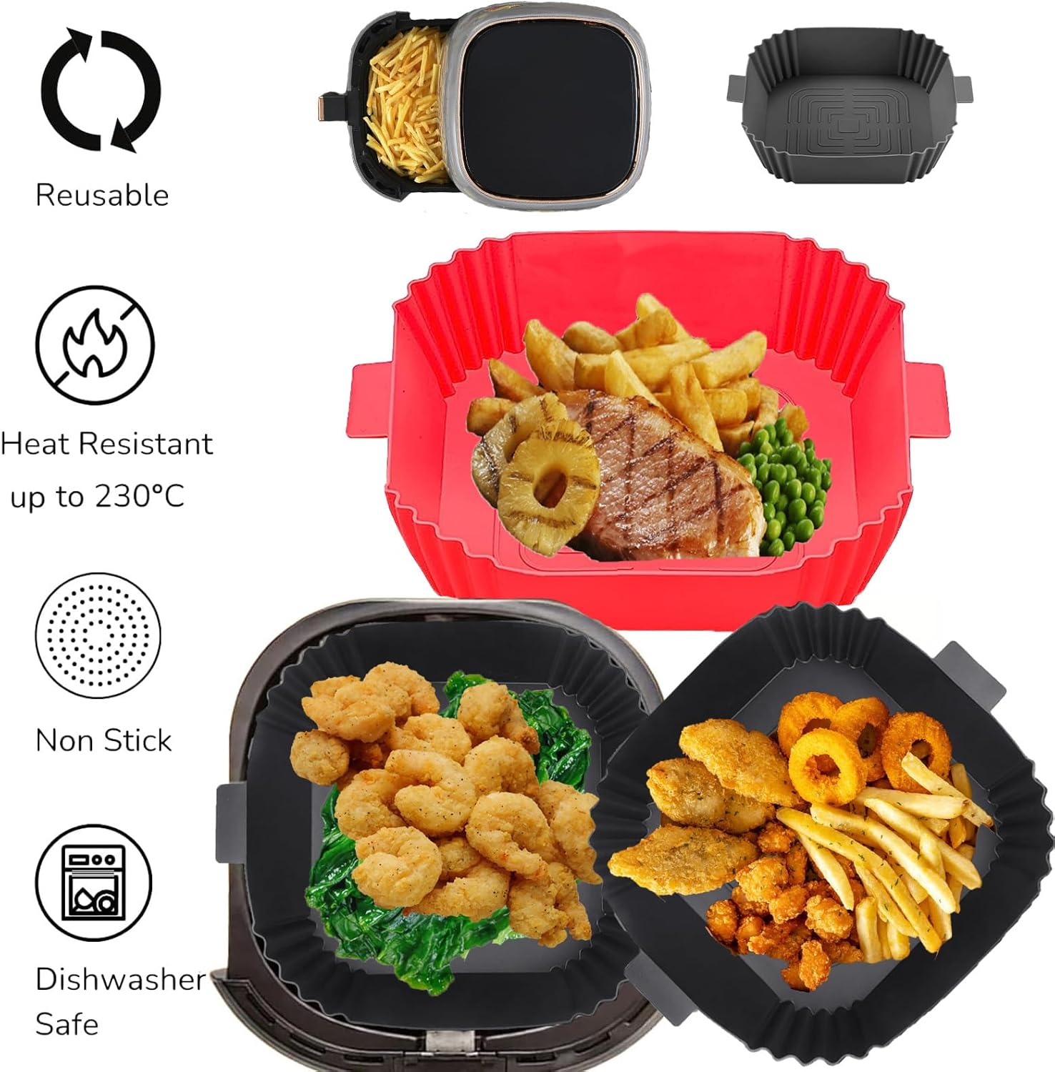 Das Bild zeigt wiederverwendbare, hitzebeständige, antihaftbeschichtete und spülmaschinenfeste Airfryer-Liner mit Lebensmitteln wie Garnelen.