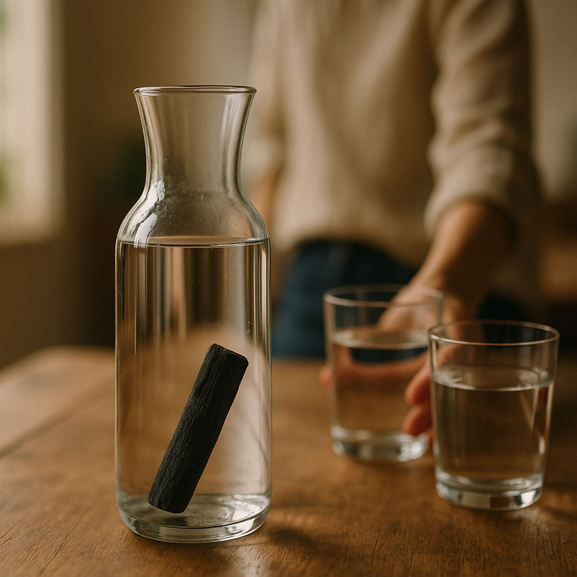 Una caraffa di vetro trasparente con un bastoncino di carbone all'interno e due bicchieri d'acqua su un tavolo di legno. Una persona è sullo sfondo.