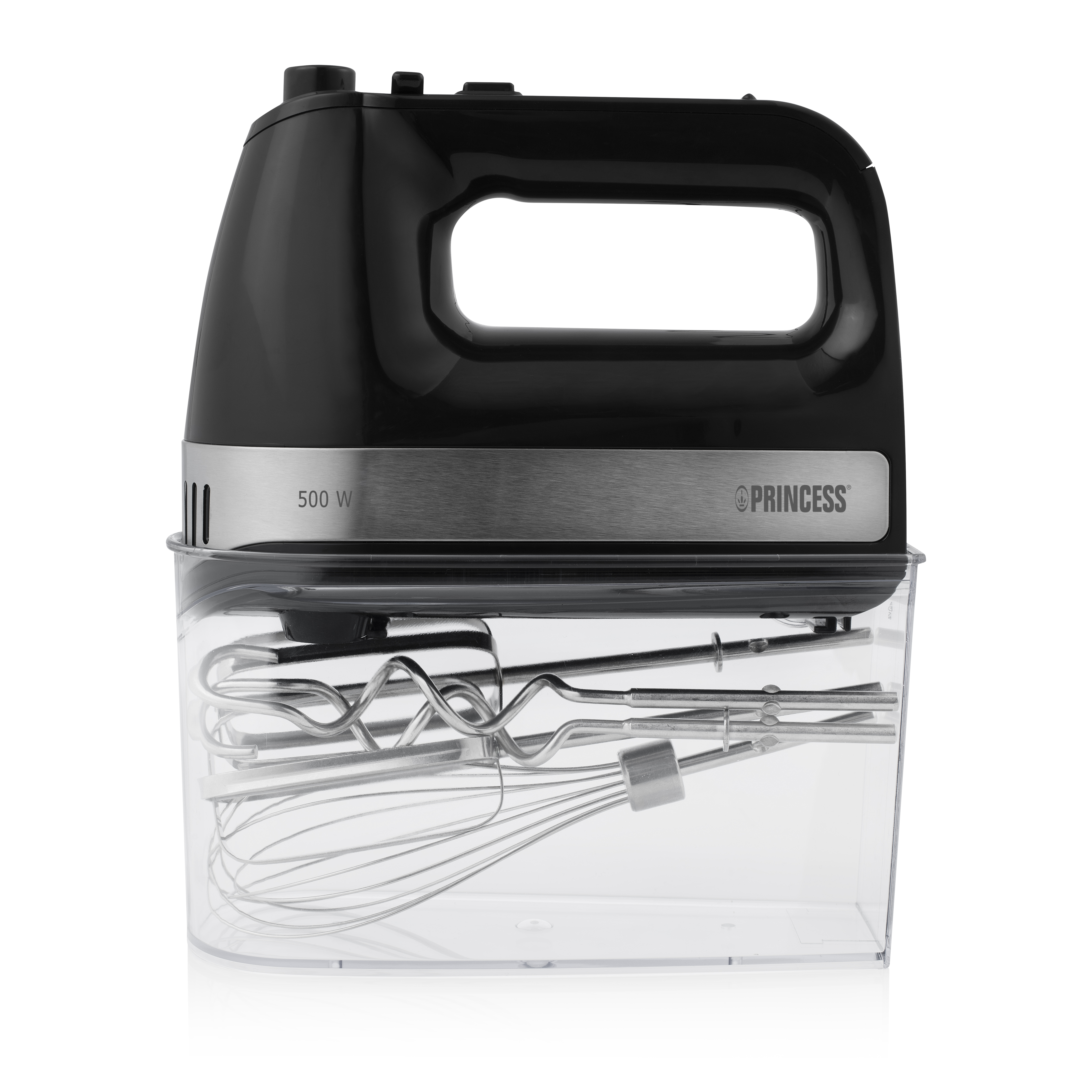 Black hand mixer with a clear container holding beaters and whisks. The brand is Princess.
