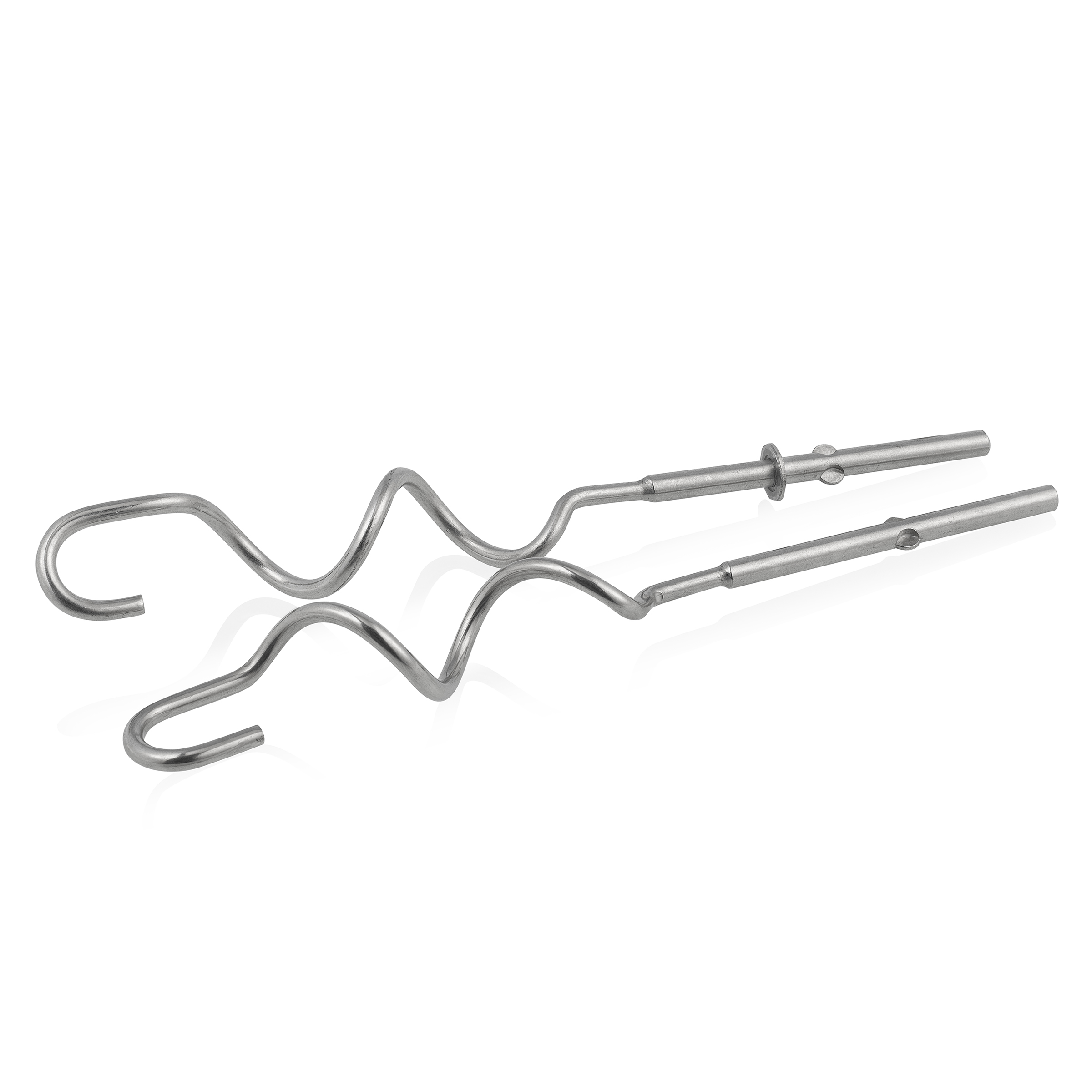 Two metallic mixer attachments on white background. Each has a spiral and a straight end.