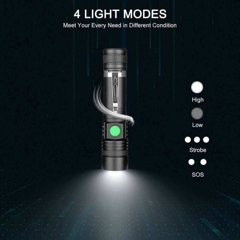 Eine schwarze Taschenlampe mit 4 Lichtmodi: Hoch, Niedrig, Strobe und SOS. Die Taschenlampe gibt ein helles Licht ab.