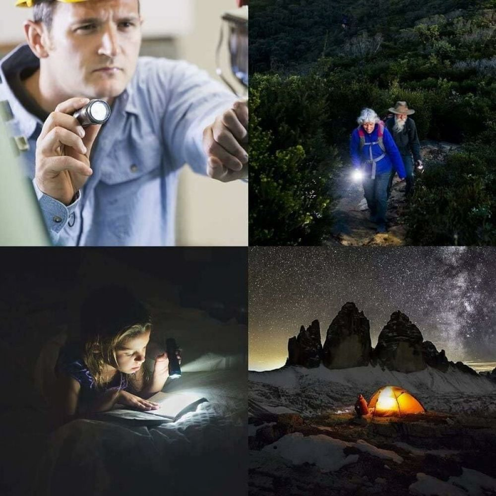 Collage von vier Bildern, die Menschen mit Taschenlampen zeigen: ein Arbeiter, Wanderer, ein lesendes Kind und ein Camper unter Sternen.