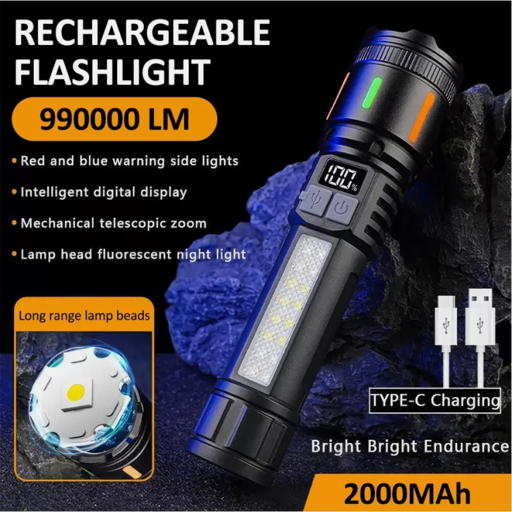 Eine wiederaufladbare Taschenlampe mit Digitalanzeige, Seitenlichtern und USB-C-Ladeanschluss. Merkmale umfassen Zoom und Fernlicht-Lampenperlen.