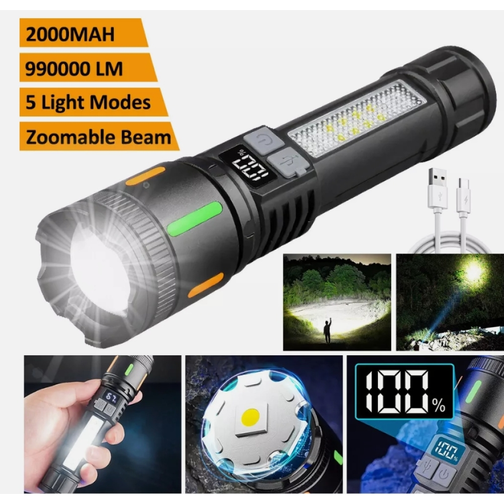 Schwarze Taschenlampe mit weißem Licht, Digitalanzeige und Ladekabel. Enthält Info-Panels: 2000MAH, 99000 LM, 5 Lichtmodi, Zoomstrahl.