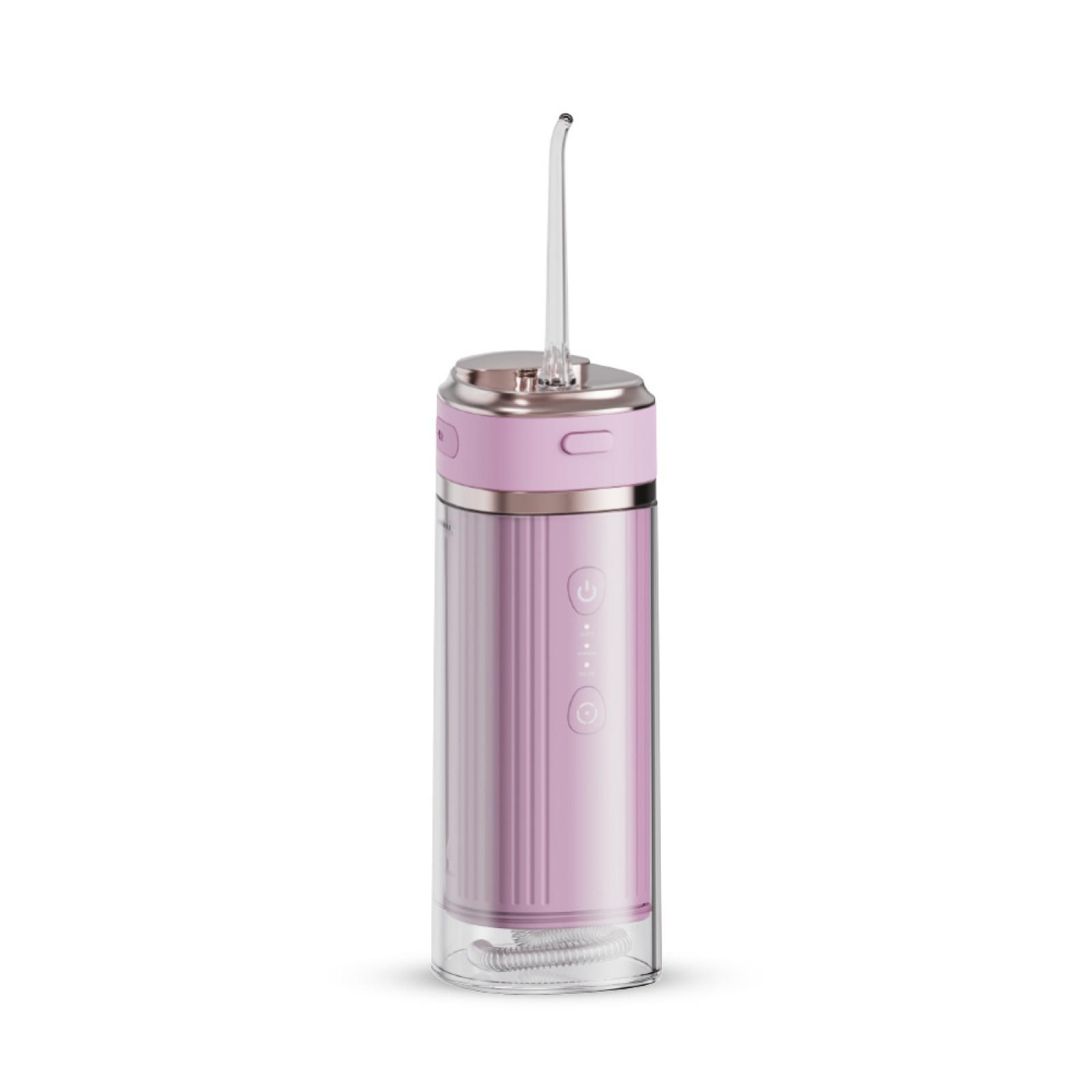 Ein rosa und silberner Munddusche. Es hat eine klare Spitze und einen Ein-/Ausschalter. Der Hintergrund ist weiß.