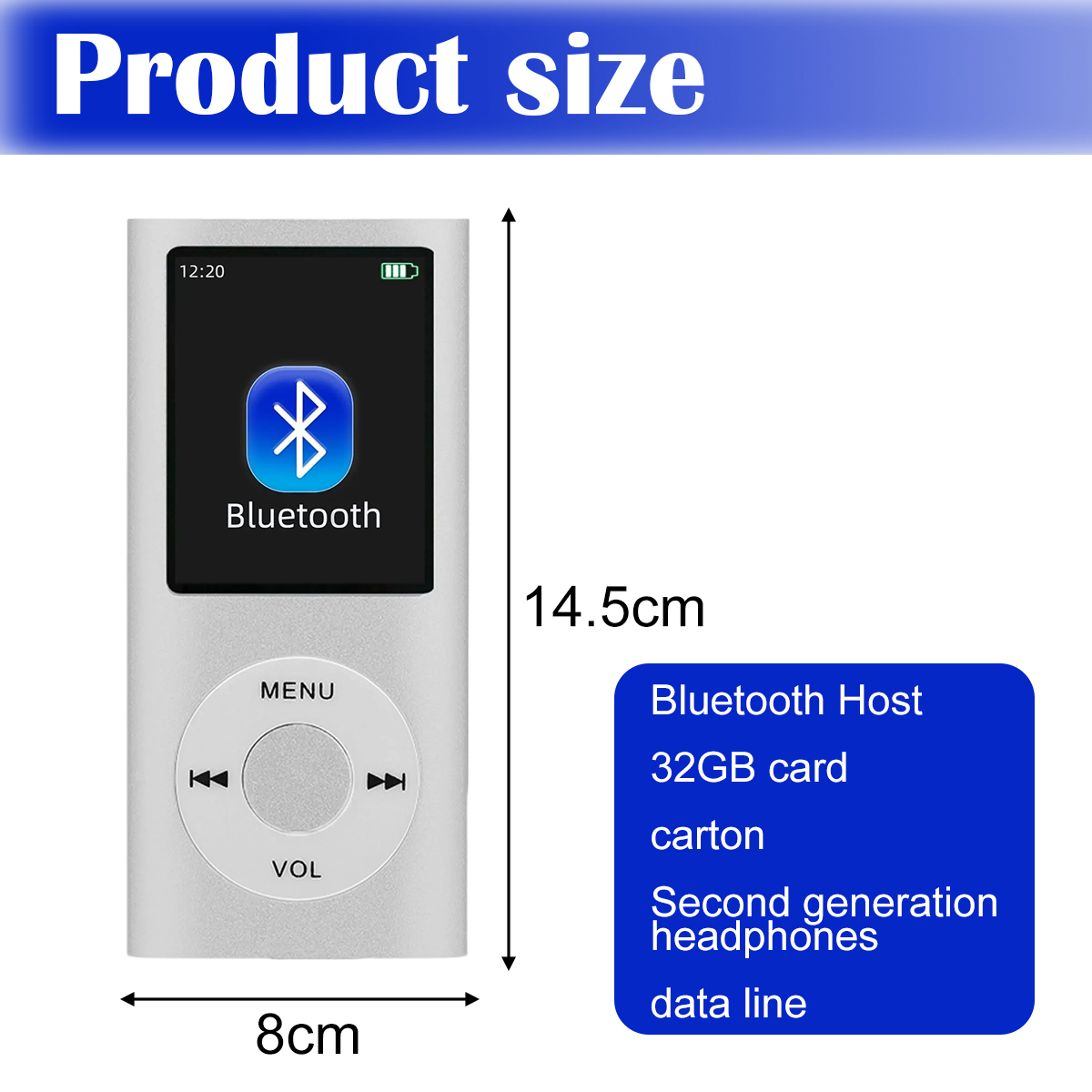 Ein silberner MP3-Player mit Bluetooth-Logo. Abmessungen: 8 cm x 14,5 cm. Text enthält 'Bluetooth Host', '32GB Karte'.