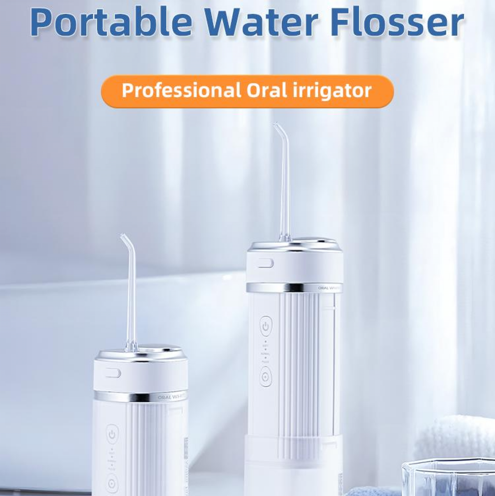 Zwei weiße, tragbare Wasser-Flosser mit transparenten Spitzen auf hellblauem Hintergrund. Oranger Text: Professioneller Mundspüler.
