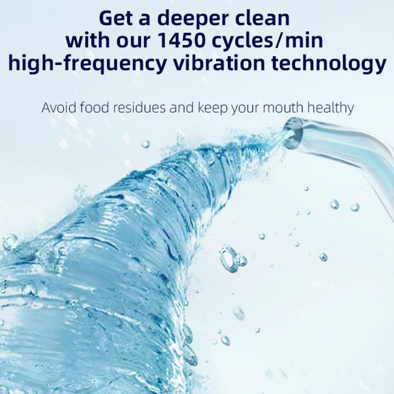 Das Bild zeigt Wasserstrahlen, die eine Spirale bilden. Text beinhaltet: tiefere Reinigung, 1450 Zyklen/min, hochfrequente Vibration.