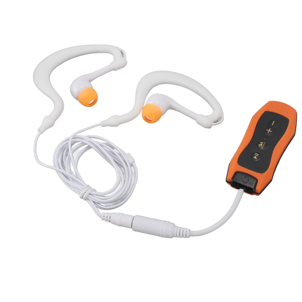 Weiße und orangefarbene Sportkopfhörer mit Steuermodul. Die Kopfhörer sind mit einem weißen Kabel verbunden.