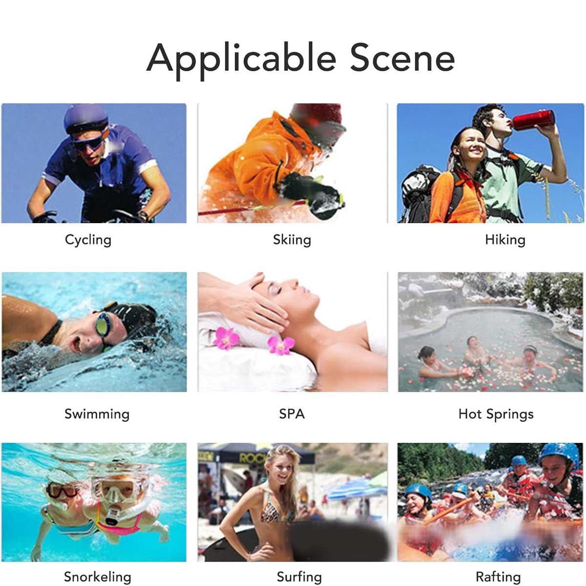Neun Szenen, die Outdoor-Aktivitäten darstellen: Radfahren, Skifahren, Wandern, Schwimmen, Spa, Thermalquellen, Schnorcheln, Surfen und Rafting.