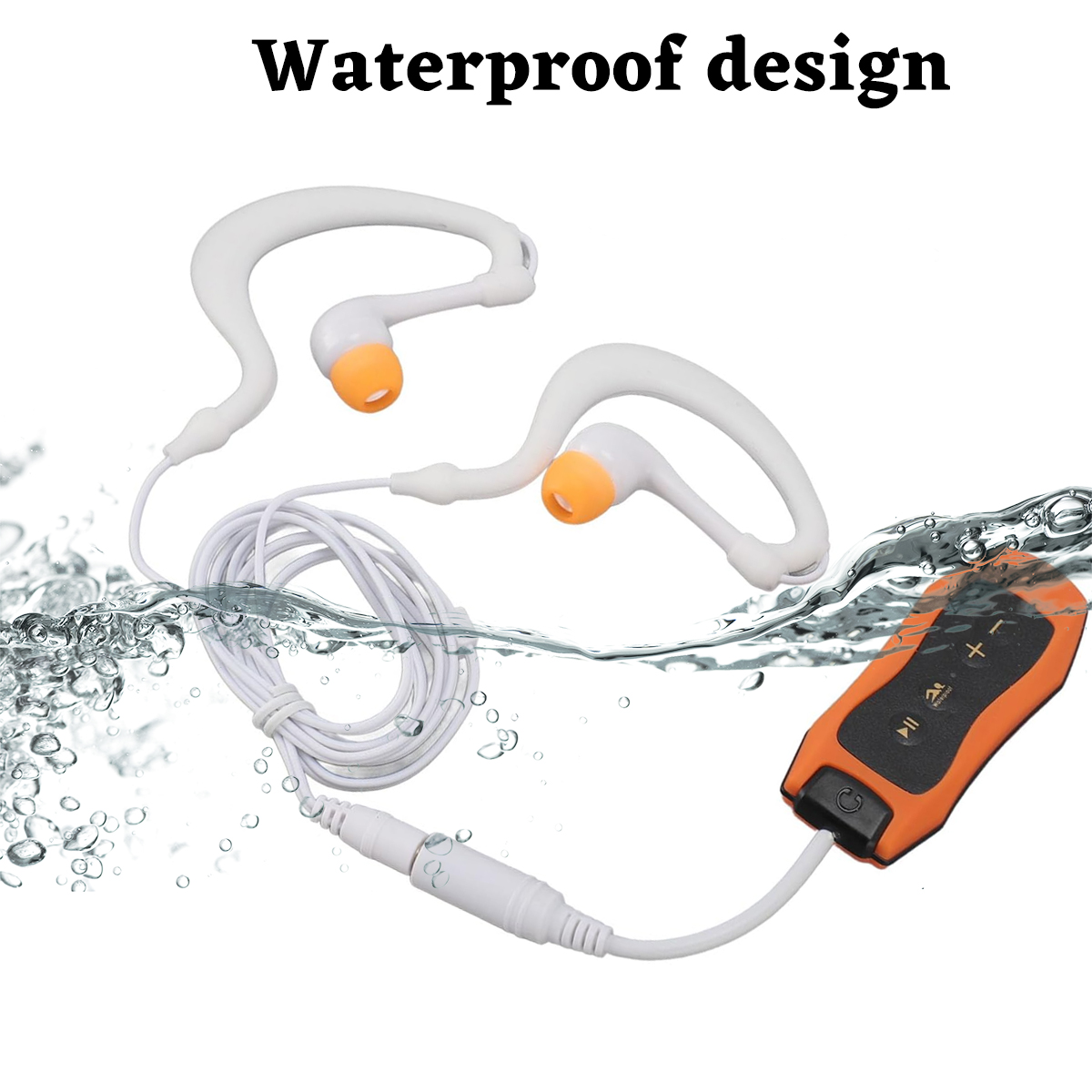 Weiße wasserdichte Kopfhörer mit orangenen Spitzen und ein oranger Player im Wasser. Oben steht 'Waterproof design'.