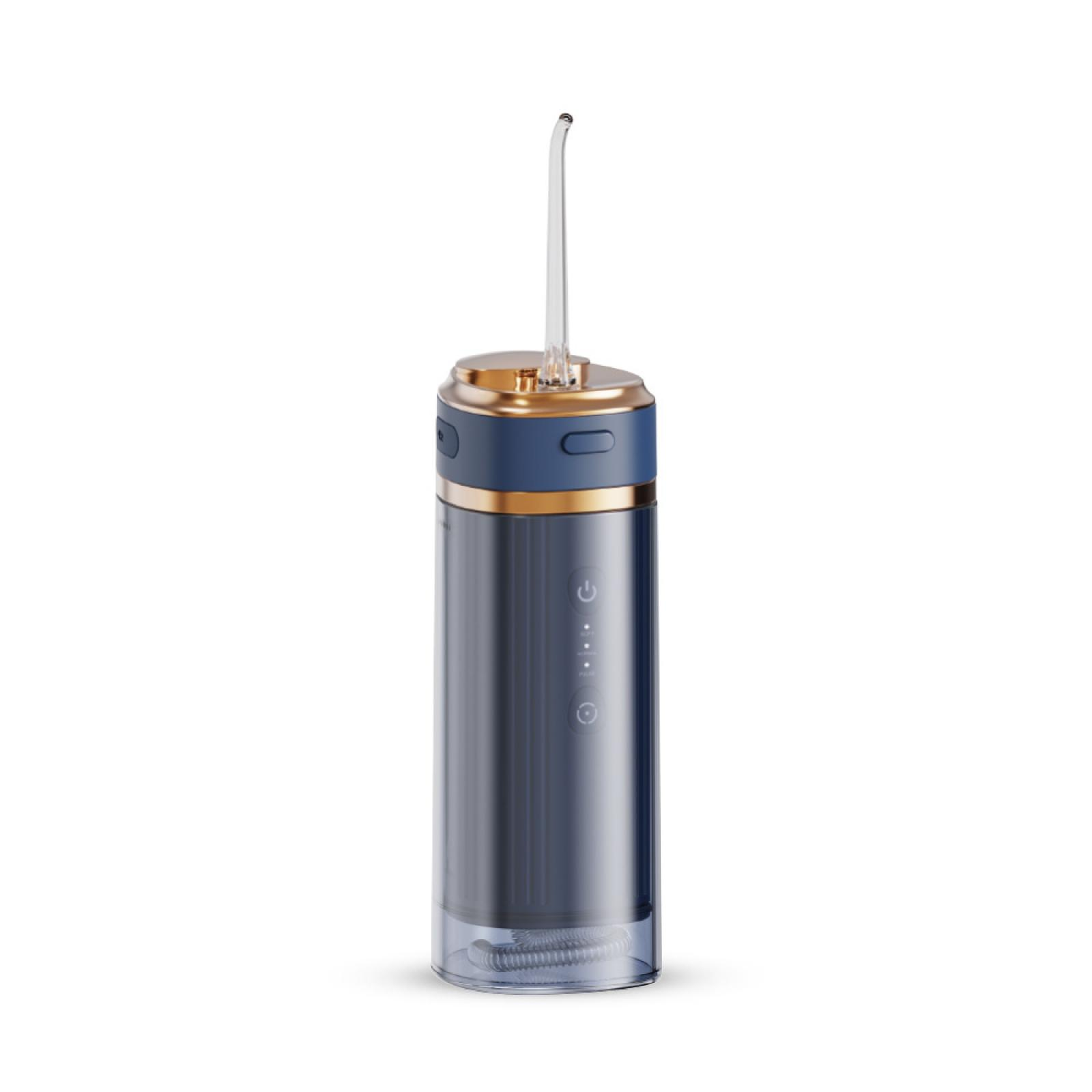 Ein blau-goldener, transparenter Dentalirrigator mit klarer Düse und Wassertank.