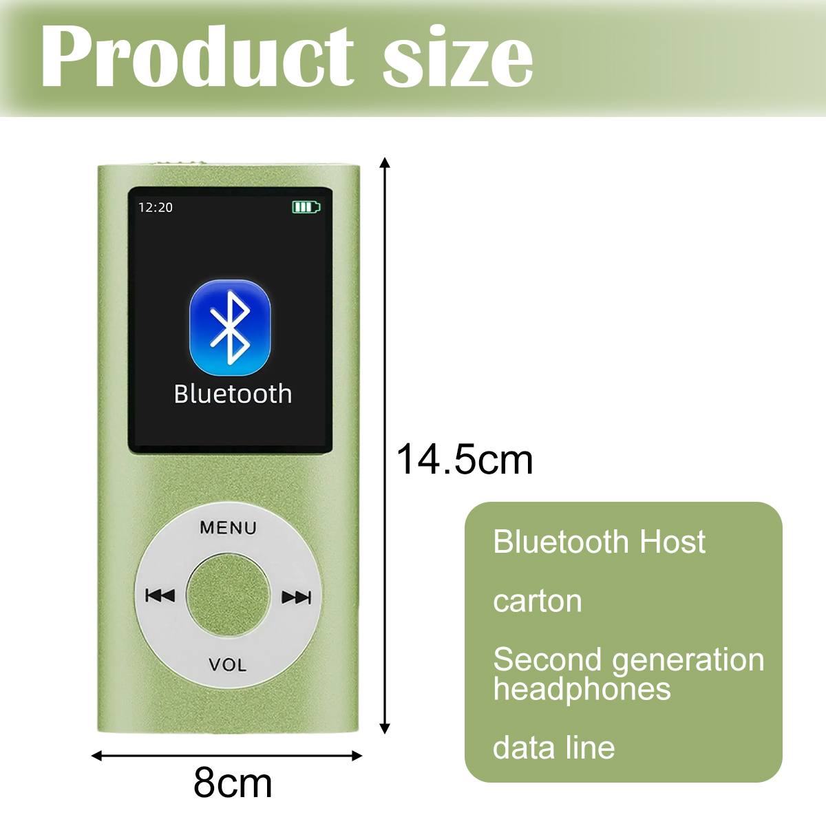 Grüner MP3-Player mit Bluetooth-Logo, Bildschirm zeigt Zeit und Akku. Abmessungen: 8cm x 14,5cm. Inklusive Kopfhörer und Datenkabel.