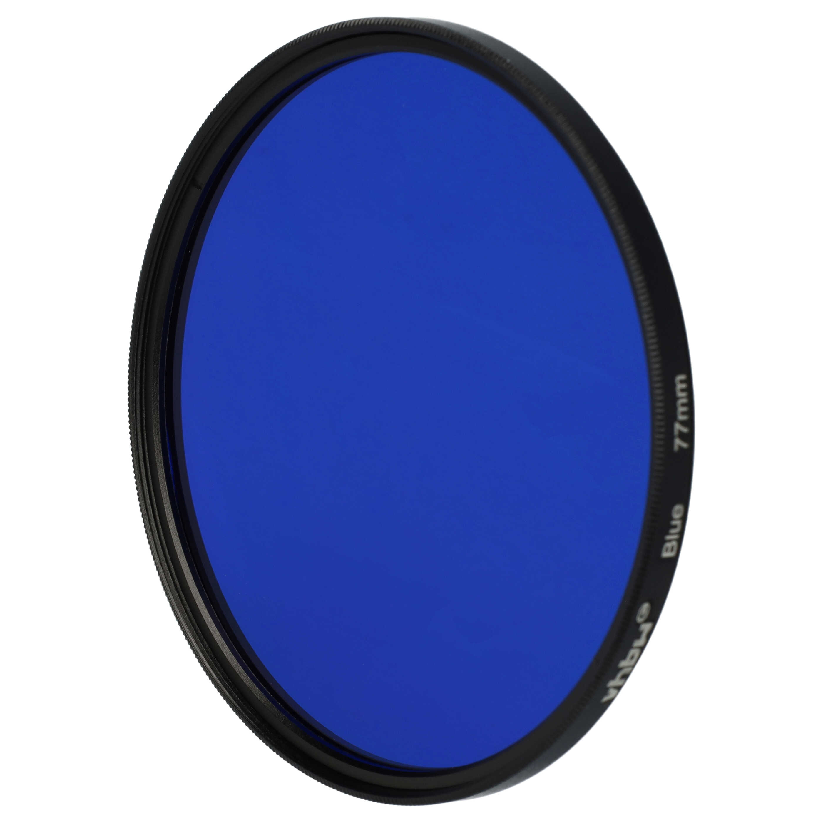 Ein kreisförmiger blauer Filter für eine Kamera mit schwarzen Rändern und Text, isoliert auf weißem Hintergrund.