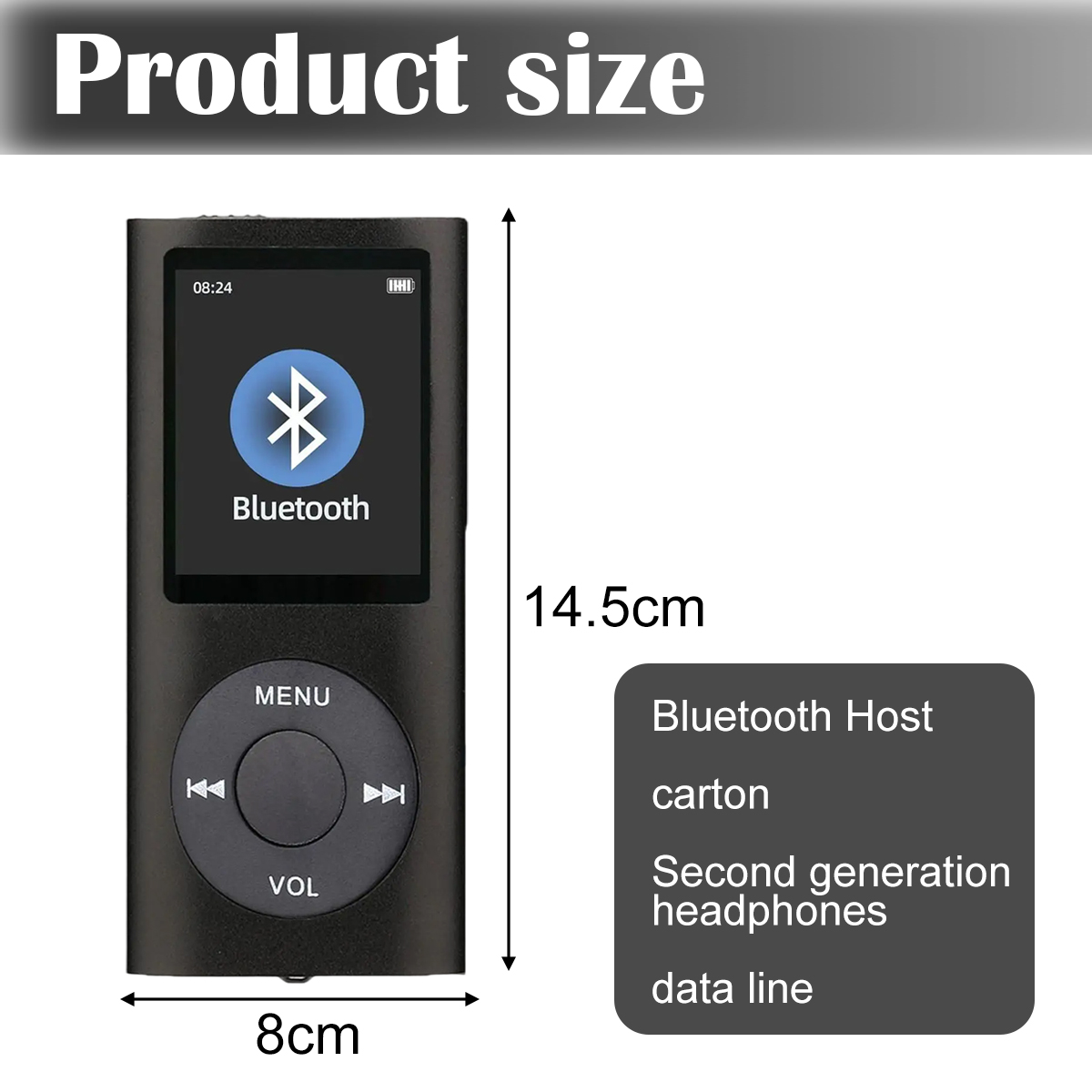 Ein schwarzer MP3-Player mit Bluetooth-Logo auf dem Bildschirm. Maße: 8cm x 14,5cm. Text enthält 'Bluetooth Host', 'Kopfhörer' und 'Datenkabel'.