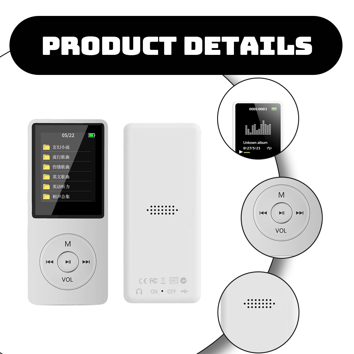 Weißer MP3-Player mit Bildschirm, Menü und Steuertasten. Zeigt Albumdetails. Produktdetails-Text oben.
