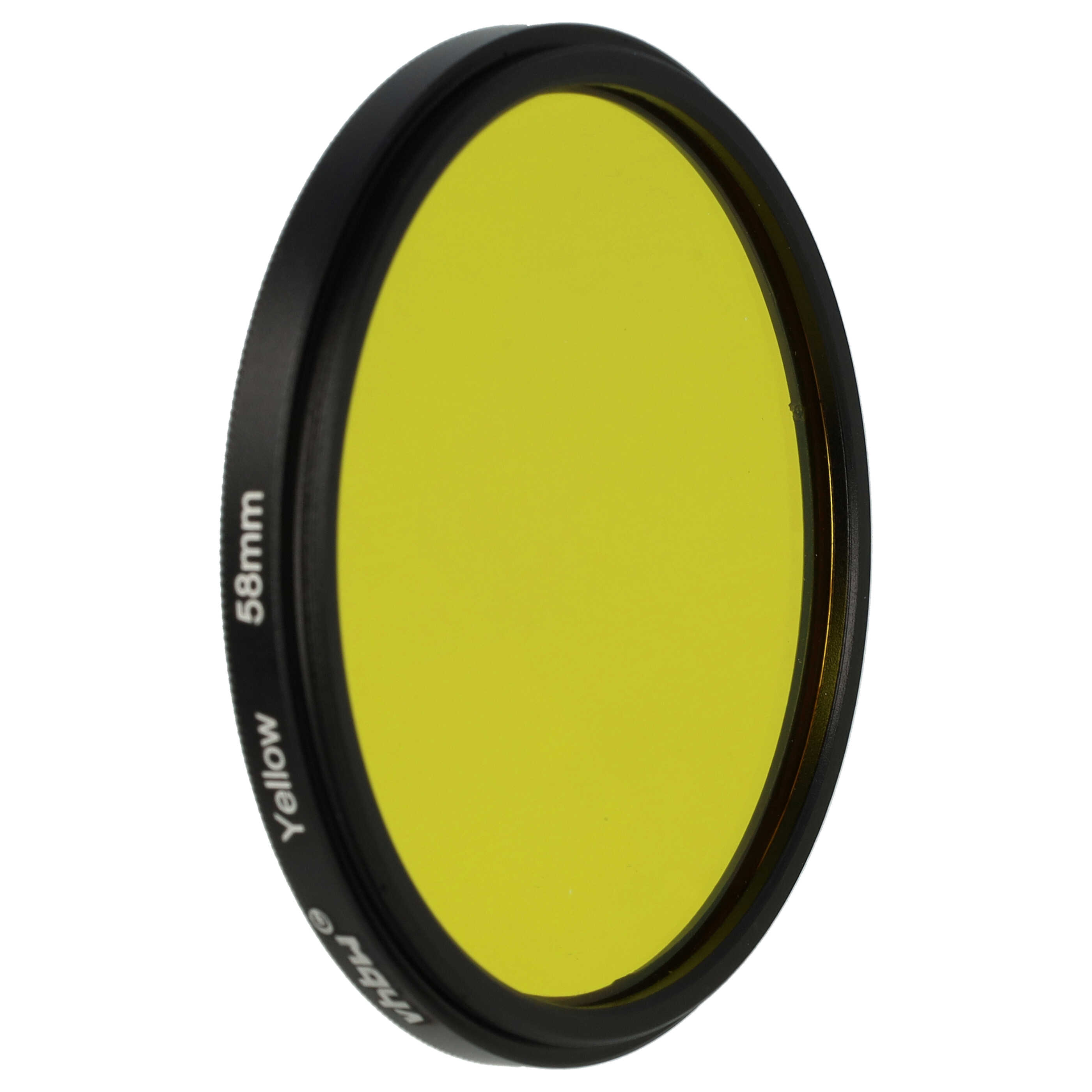 Ein gelber 58-mm-Kamerafilter mit schwarzem Ring. Der Hintergrund ist weiß.