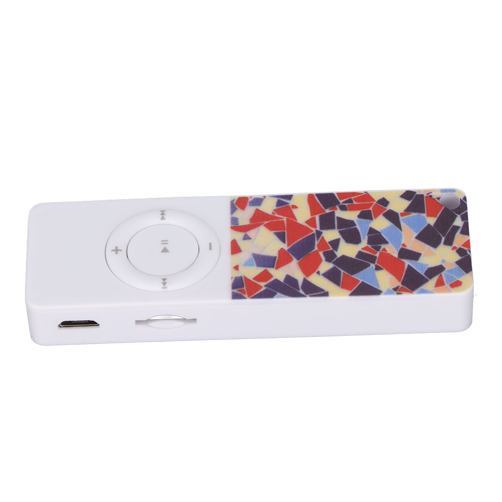 Ein weißer MP3-Player mit einem bunten Mosaikdesign auf der rechten Seite, mit Steuertasten und einem Ladeanschluss.