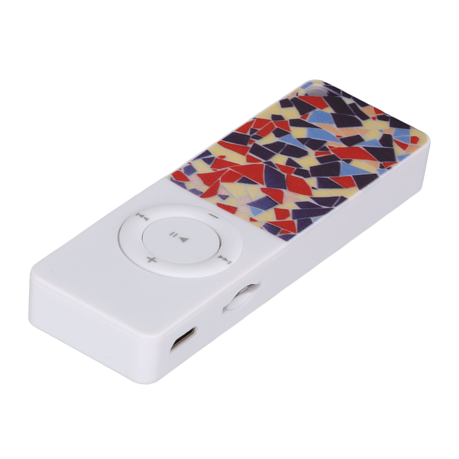Ein weißer MP3-Player mit buntem Mosaikdesign oben. Er hat einen runden Regler und einen USB-Anschluss.