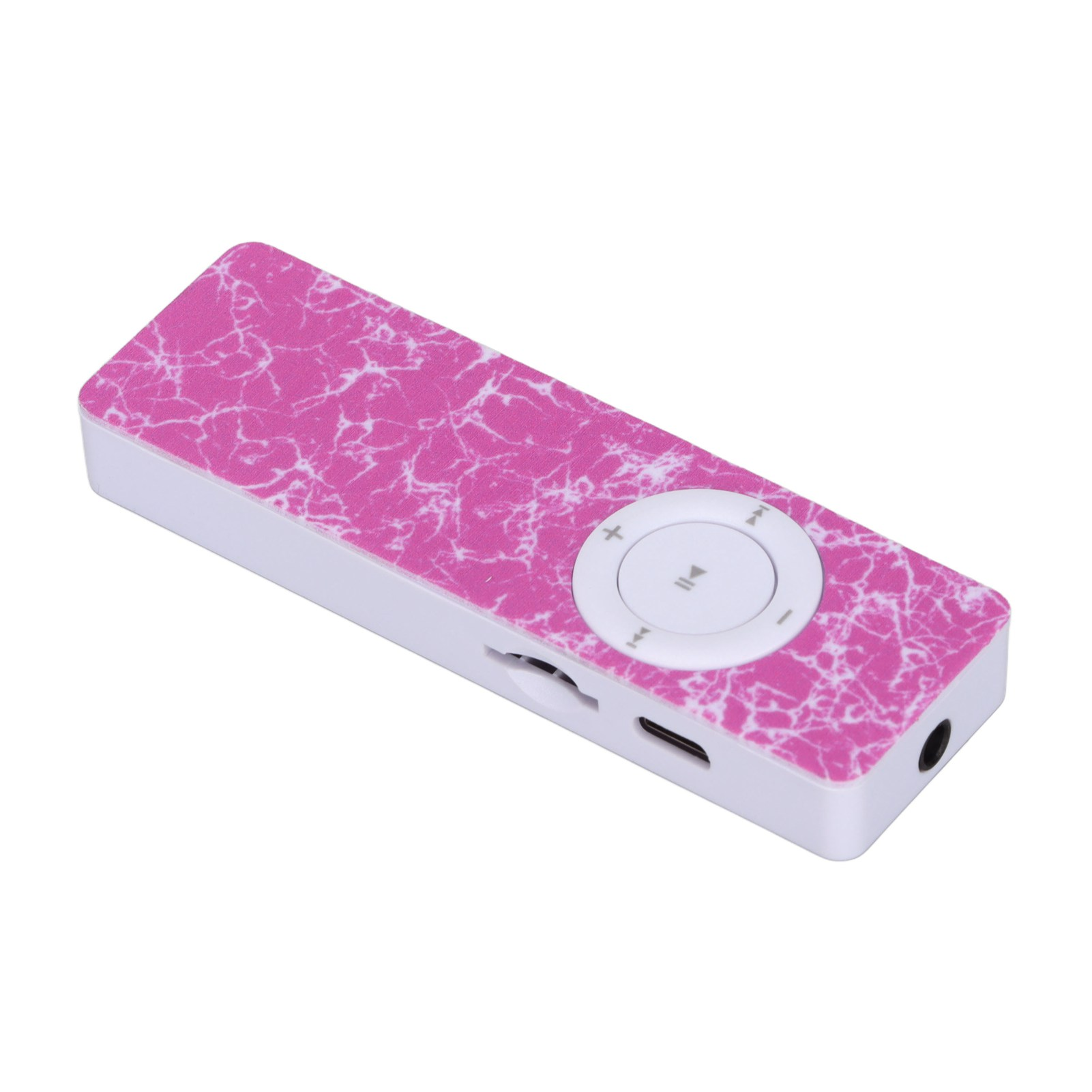 Ein pink-weißer MP3-Player. Er hat ein marmorähnliches Muster auf der Oberseite. Er hat ein Bedienfeld mit Knöpfen und Anschlüssen.