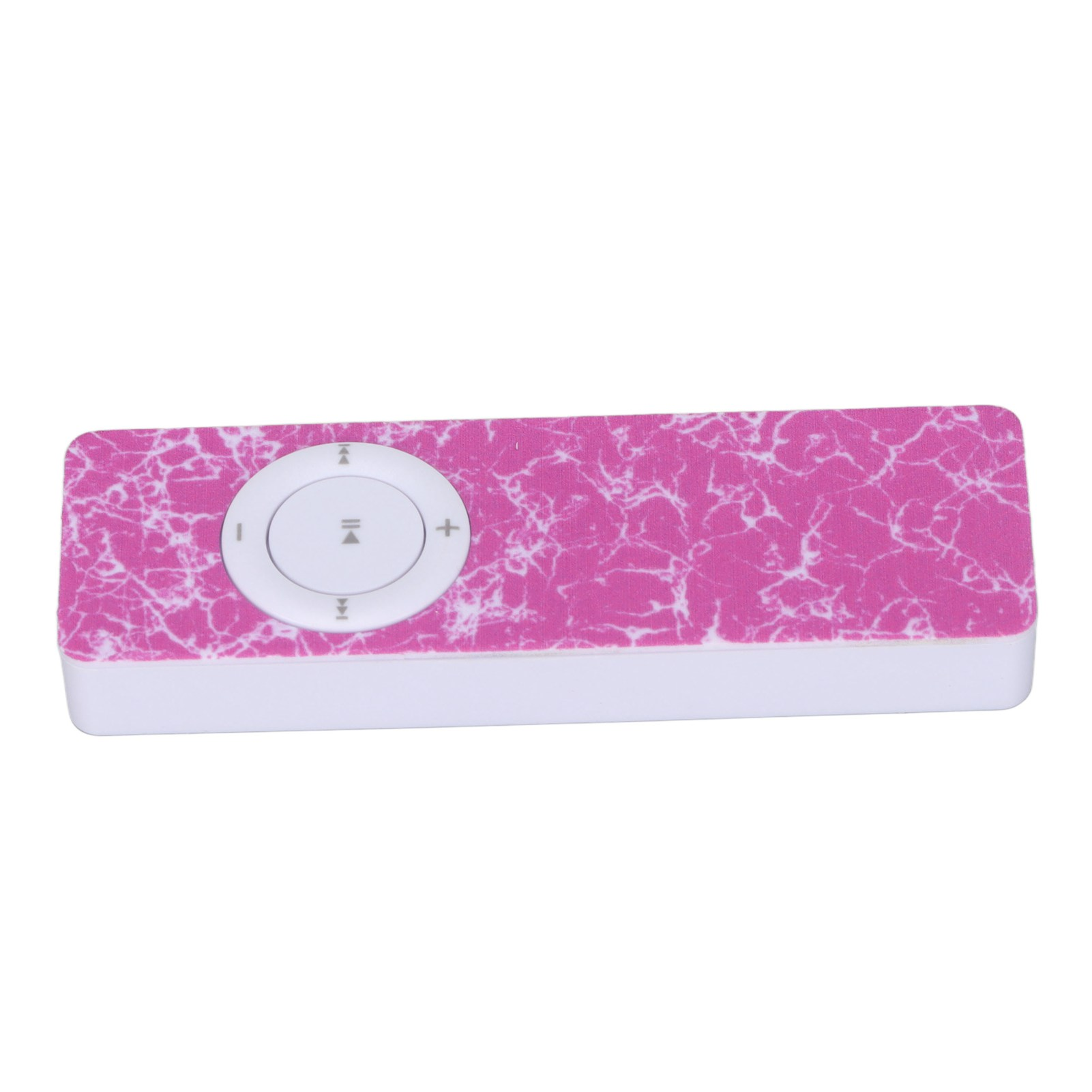 Ein weiß-rosa MP3-Player. Es hat eine runde Steuerung und eine rosa Oberfläche mit weißen Mustern.