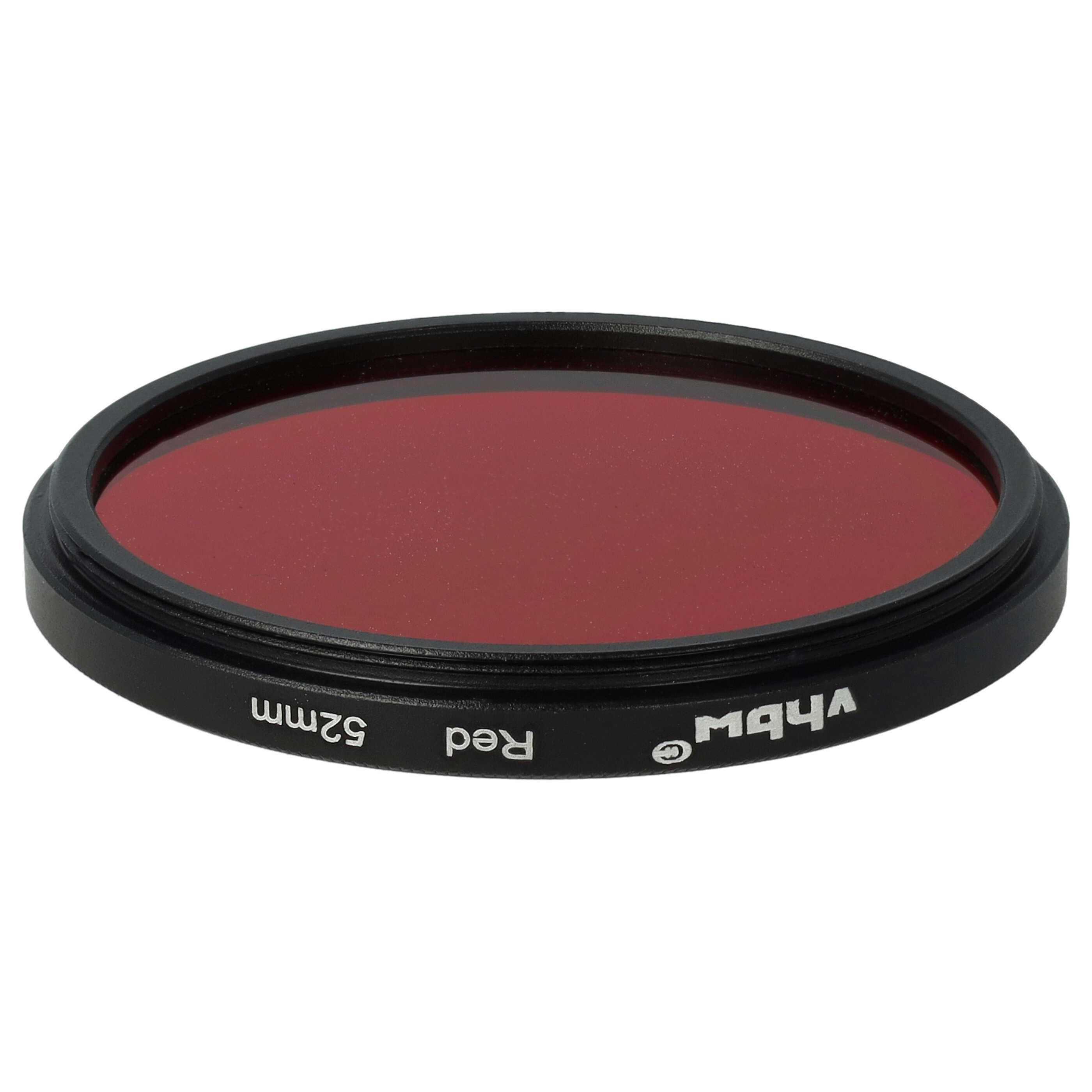 Ein roter Filter mit schwarzem Rahmen. Text auf dem Filter: 52mm, Rot und vhbw. Der Filter ist vor weißem Hintergrund.