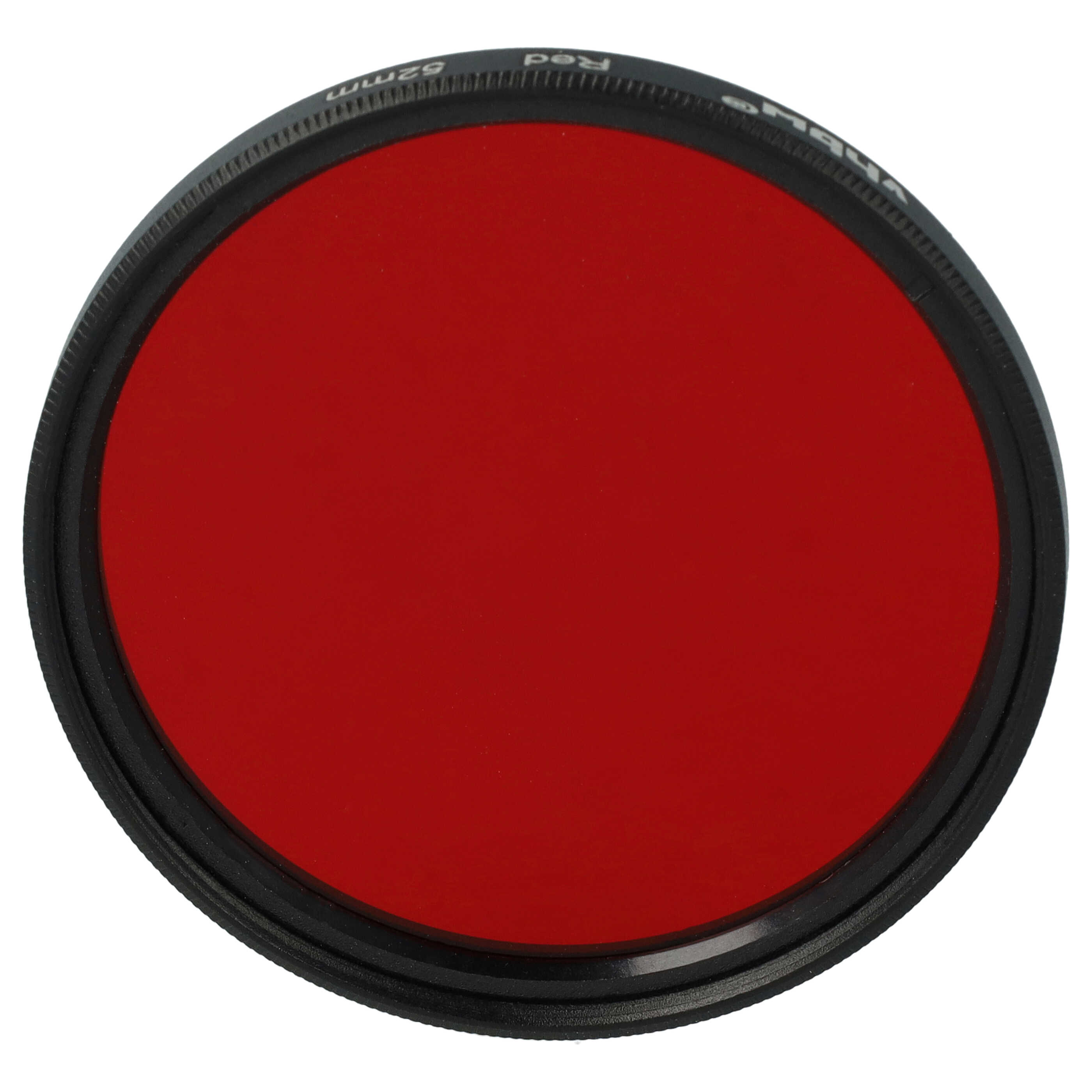 Ein roter Filter mit schwarzem Rahmen. Der Filter hat den Text 'Red' und '62mm' darauf.
