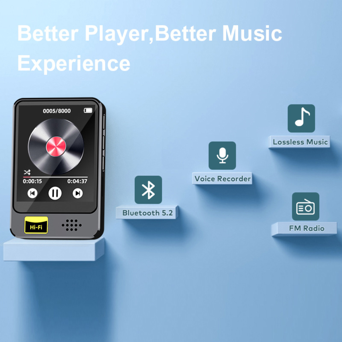Ein Musikplayer mit Bildschirm, der ein Lied anzeigt. Symbole sind Bluetooth, Sprachrekorder, verlustfreie Musik und UKW-Radio.
