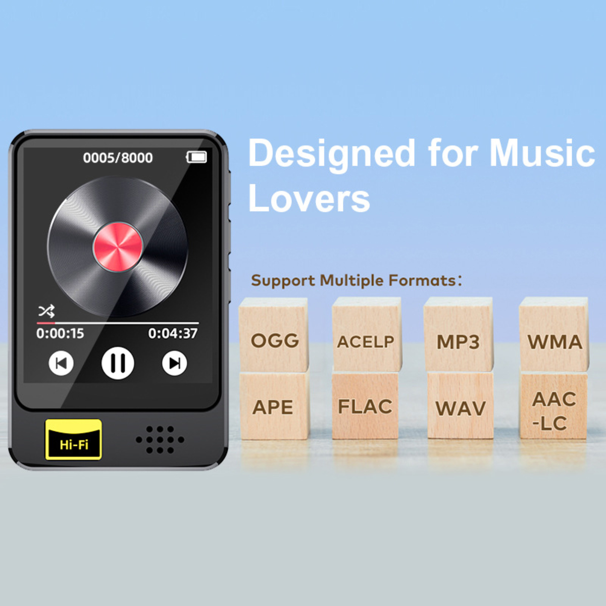 Schwarzer Musikplayer mit Bildschirm, der ein Scheibenbild zeigt. Holzblöcke zeigen Audio-Dateiformate an. Text: Für Musikliebhaber entworfen.
