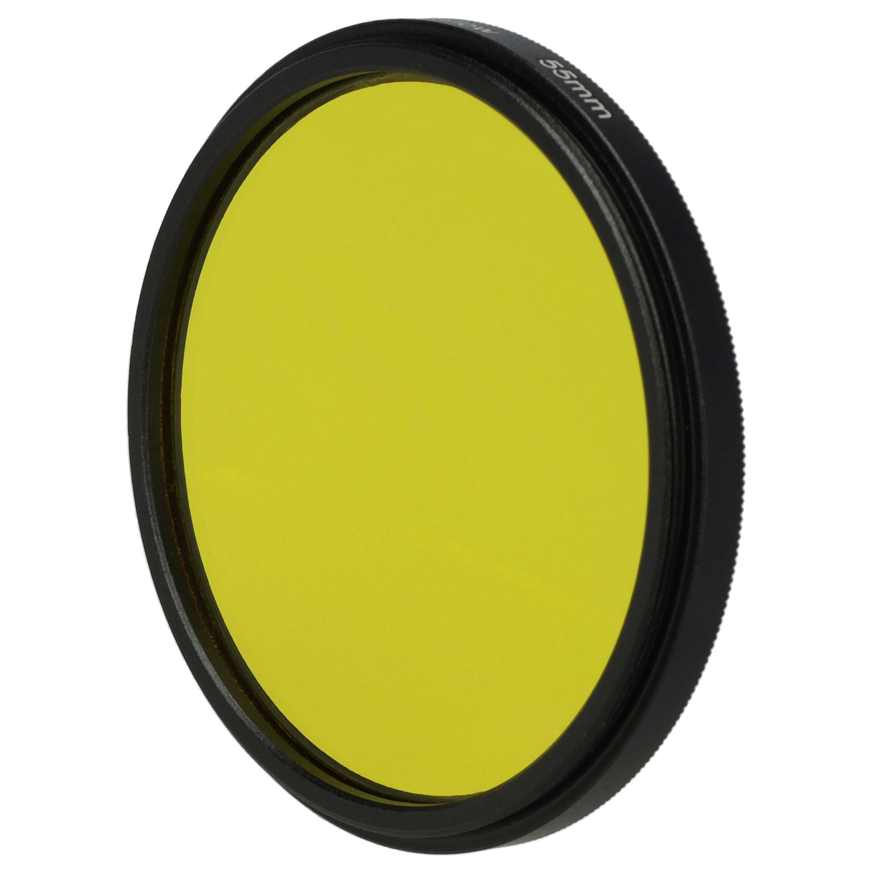 Ein gelber Objektivfilter mit schwarzem Rand vor weißem Hintergrund. Der Filter ist mit 55mm markiert.