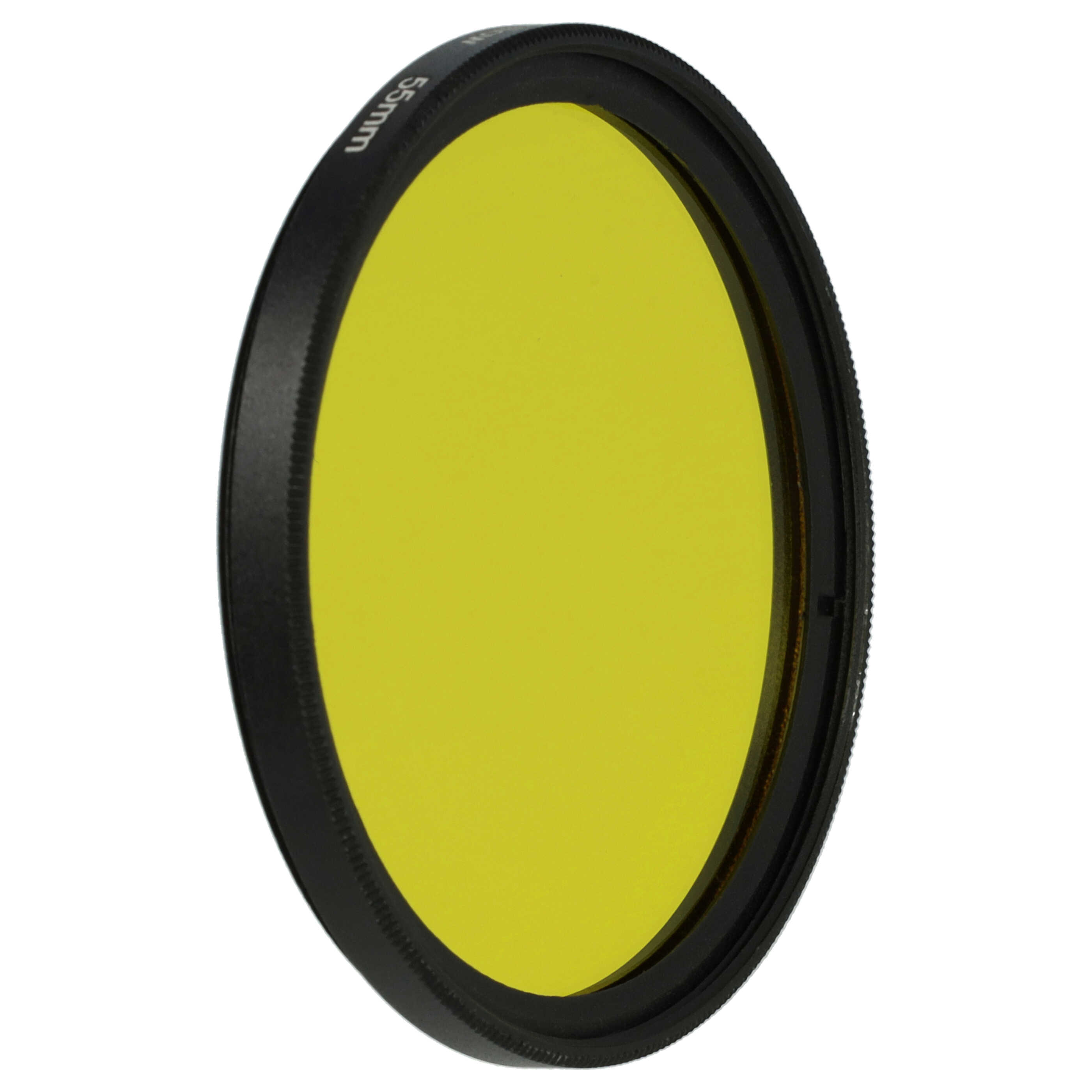 Ein gelber Objektivfilter mit schwarzem Ring, 55mm-Markierung, isoliert auf weißem Hintergrund.