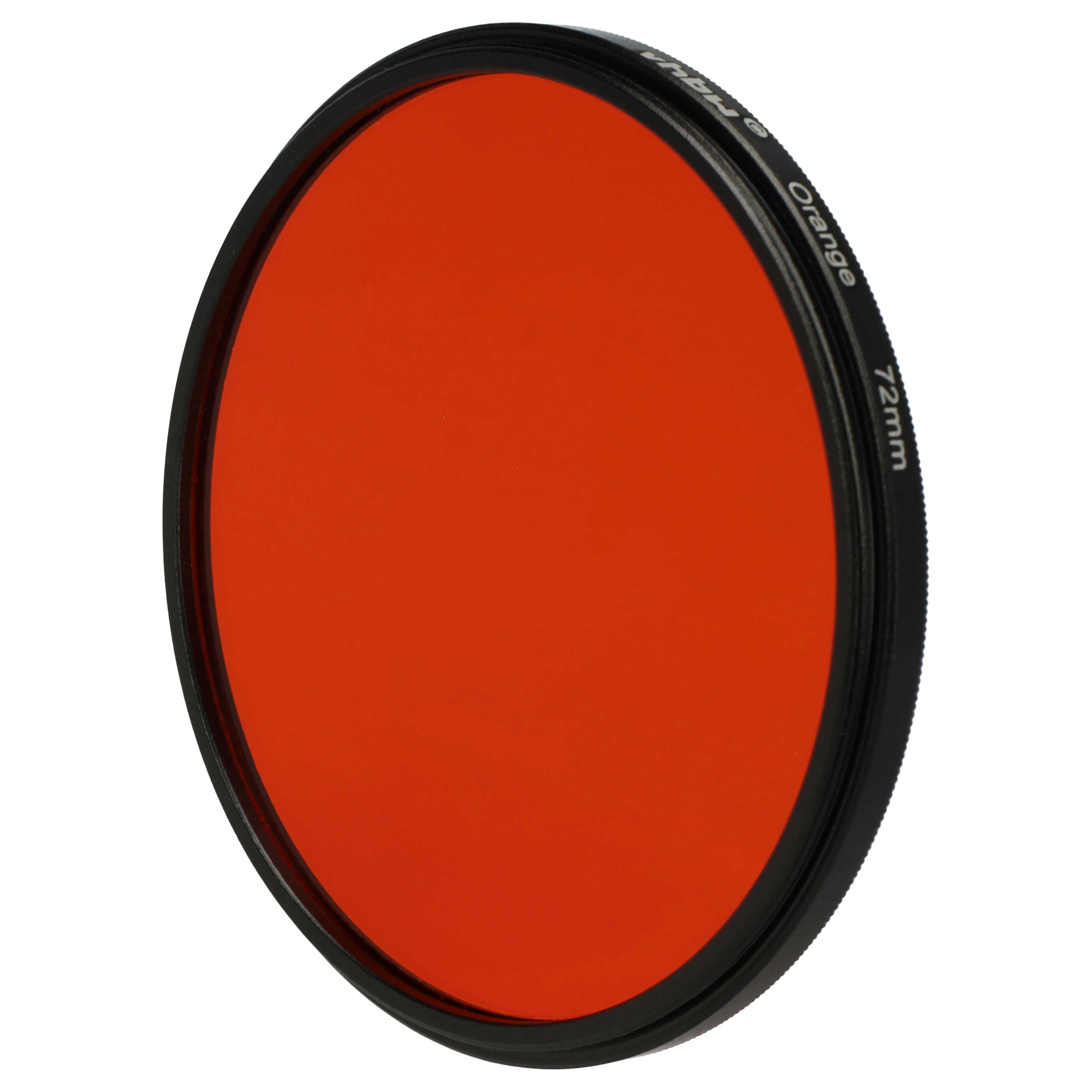 Ein orangefarbener 72-mm-Kamerafilter mit schwarzem Rand. Der Hintergrund ist weiß.