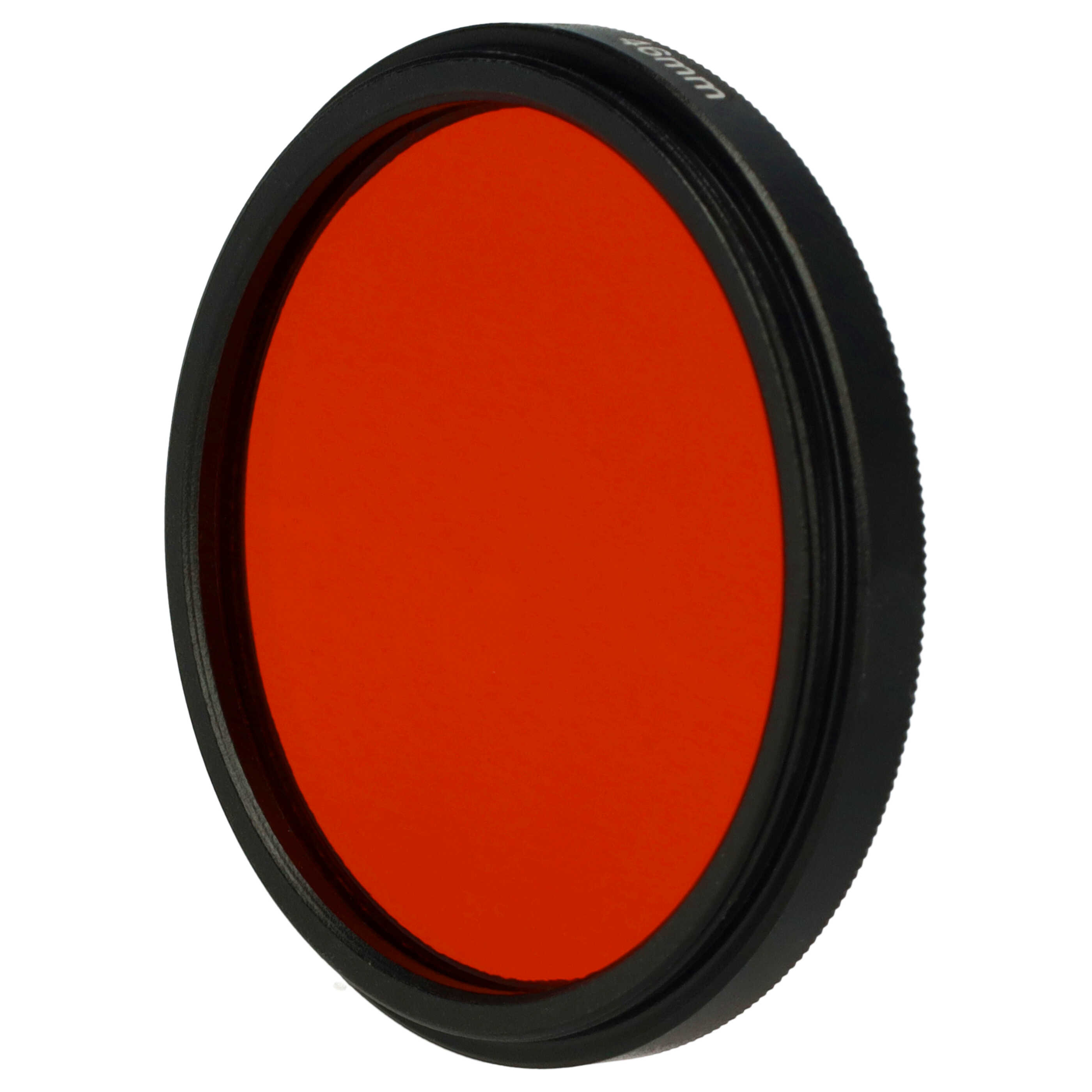 Ein kreisförmiger roter Filter mit schwarzem Rahmen, vor weißem Hintergrund.