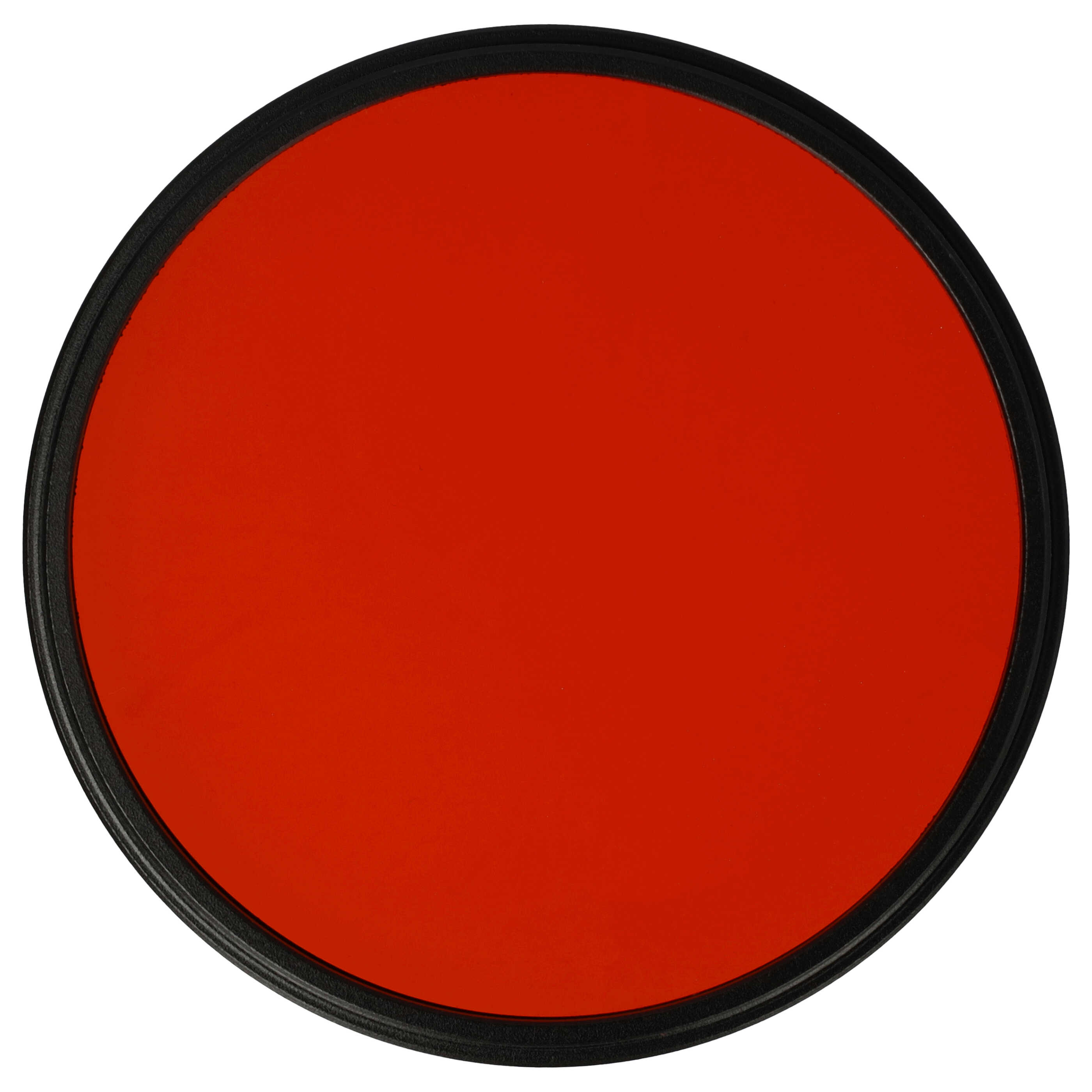Ein kreisförmiger roter Filter mit schwarzem Rand. Der Hintergrund ist weiß.