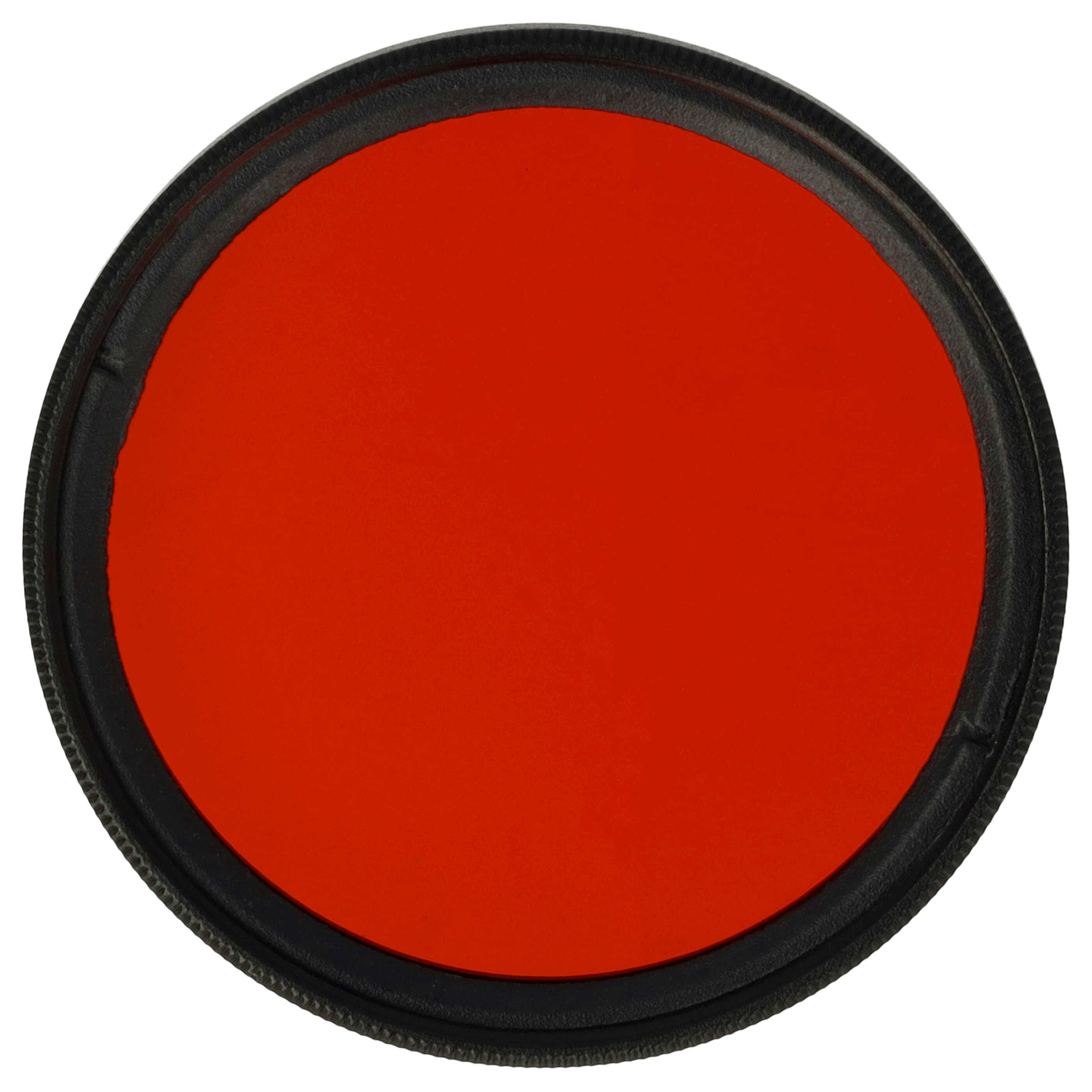 Ein kreisförmiger roter Filter mit schwarzem Rand. Der Hintergrund ist weiß.