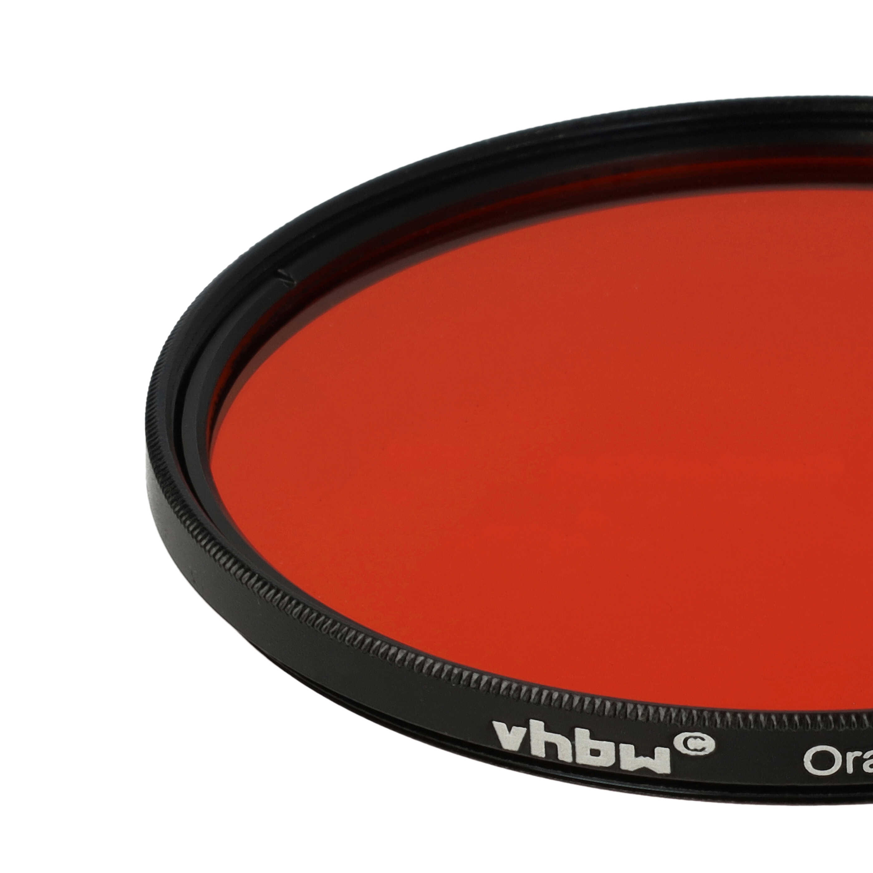 Nahaufnahme eines Fotofilters mit orangefarbener Linse und schwarzem Rahmen.
