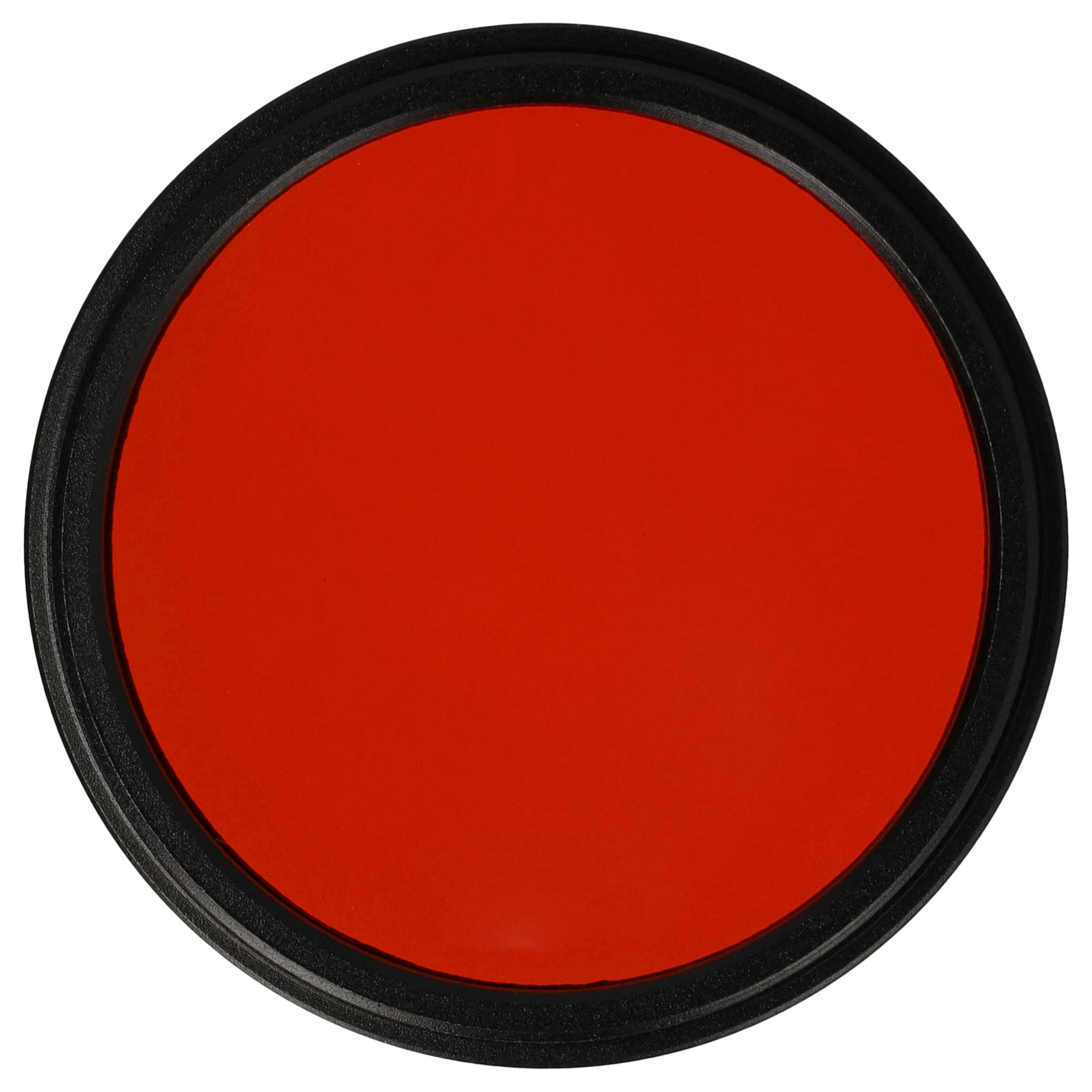 Ein kreisförmiger roter Filter mit schwarzem Rand. Der Hintergrund ist weiß.