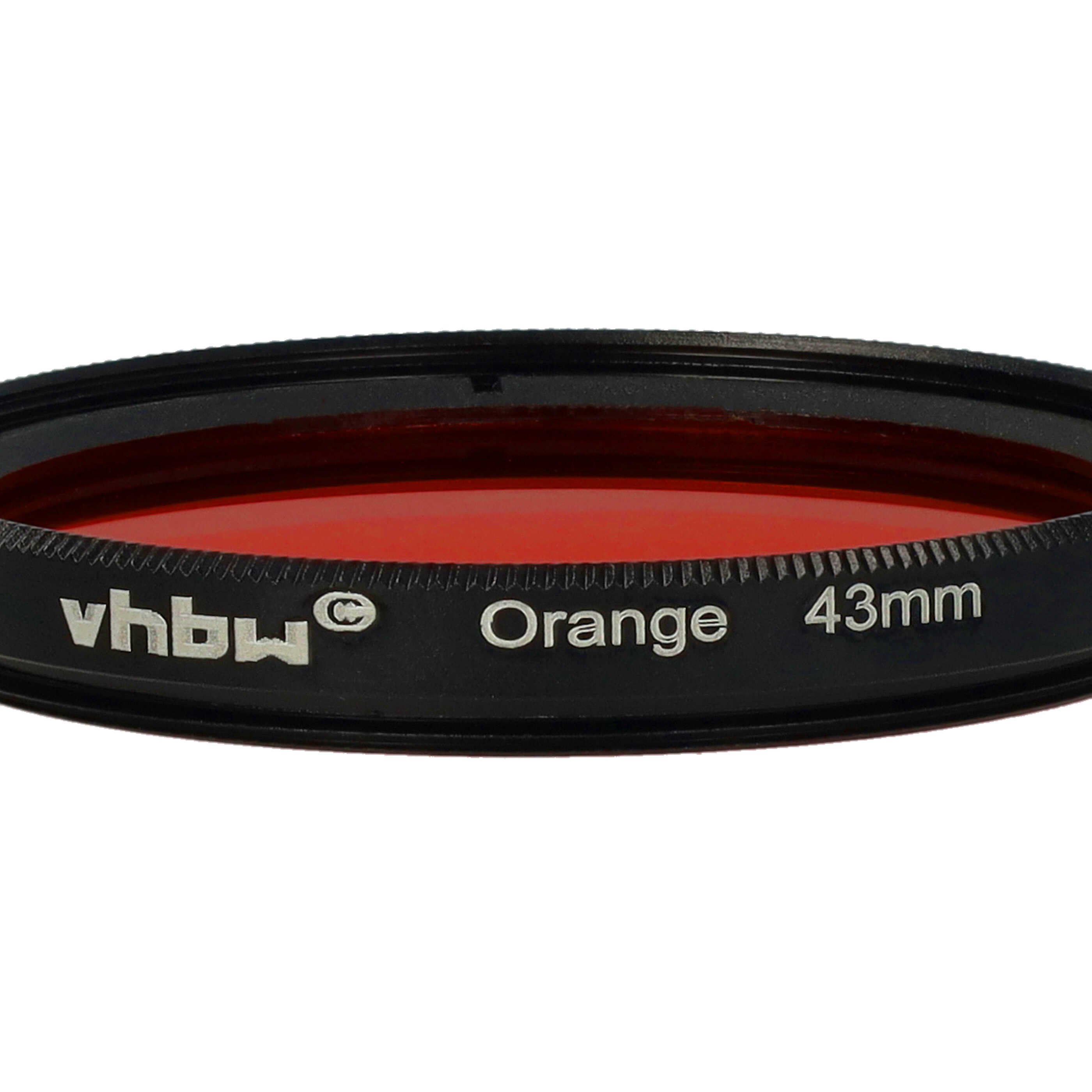 Nahaufnahme eines orangefarbenen Objektivfilters mit schwarzem Rand. Text: 'vhbw Orange 43mm'.