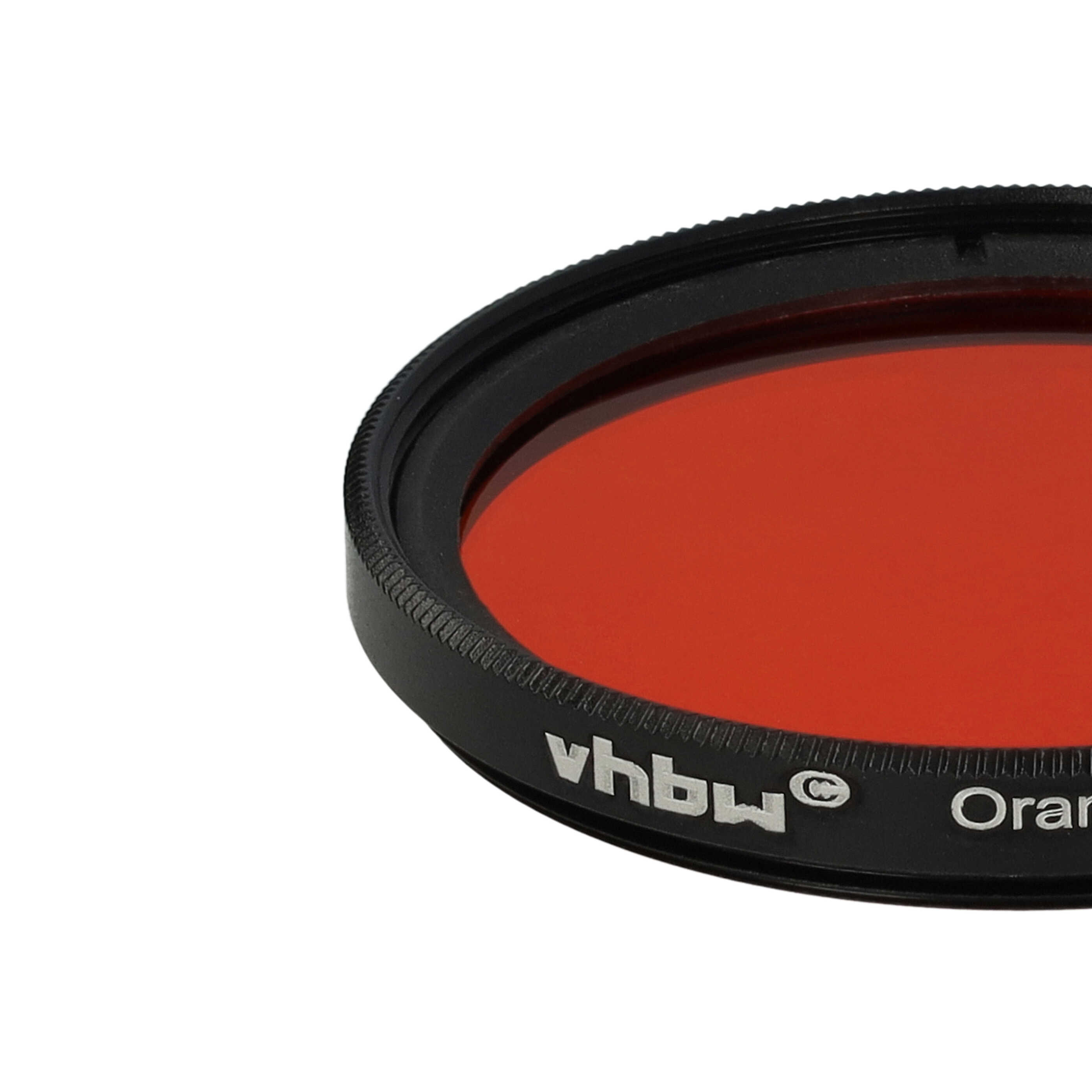 Nahaufnahme eines kreisförmigen orangefarbenen Filters in einem schwarzen Rahmen. Der Rahmen trägt den Markennamen 'vhbw'.