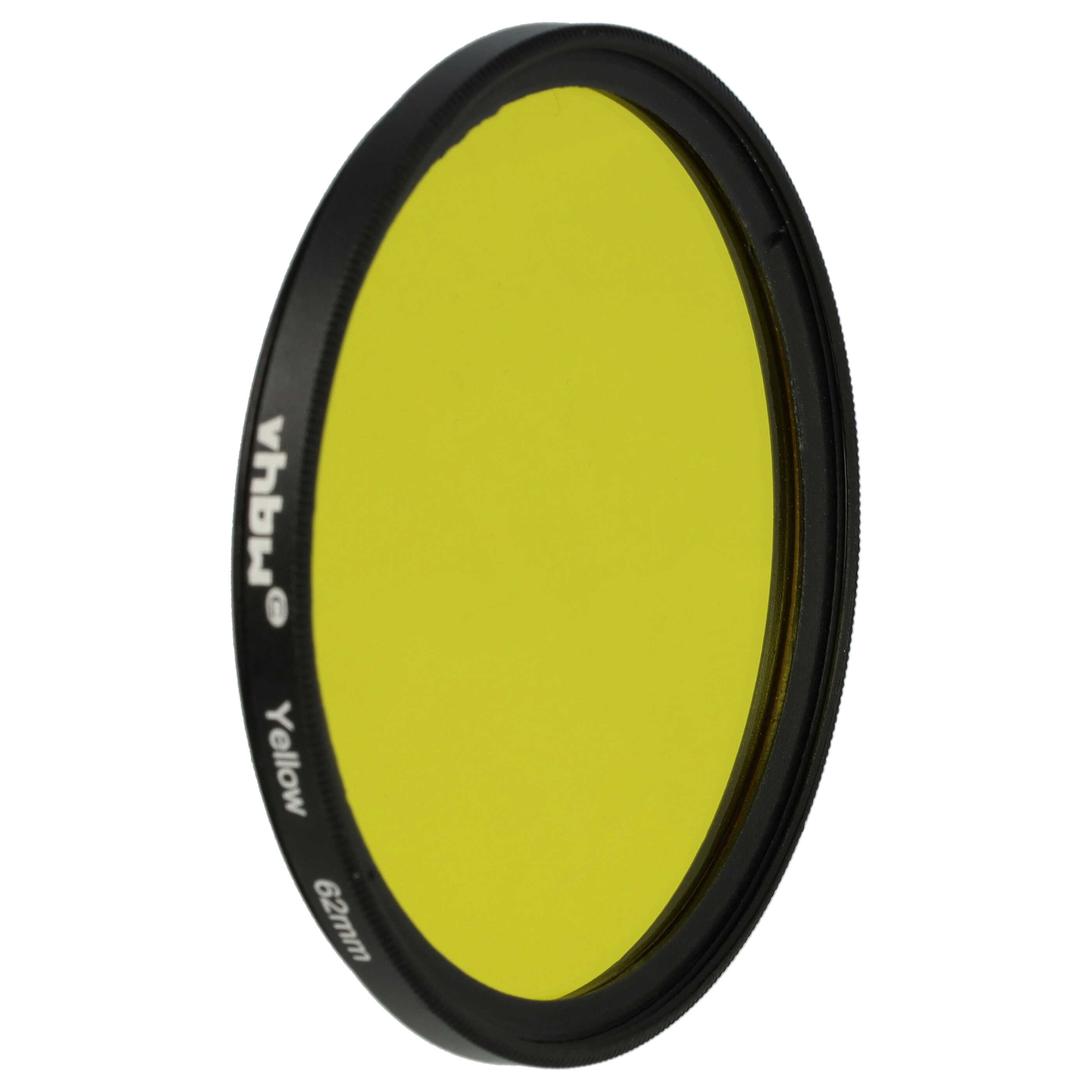 Ein gelber Kamerafilter mit schwarzem Rand und Text 'Yellow' und '62mm'. Der Filter ist auf weißem Grund.