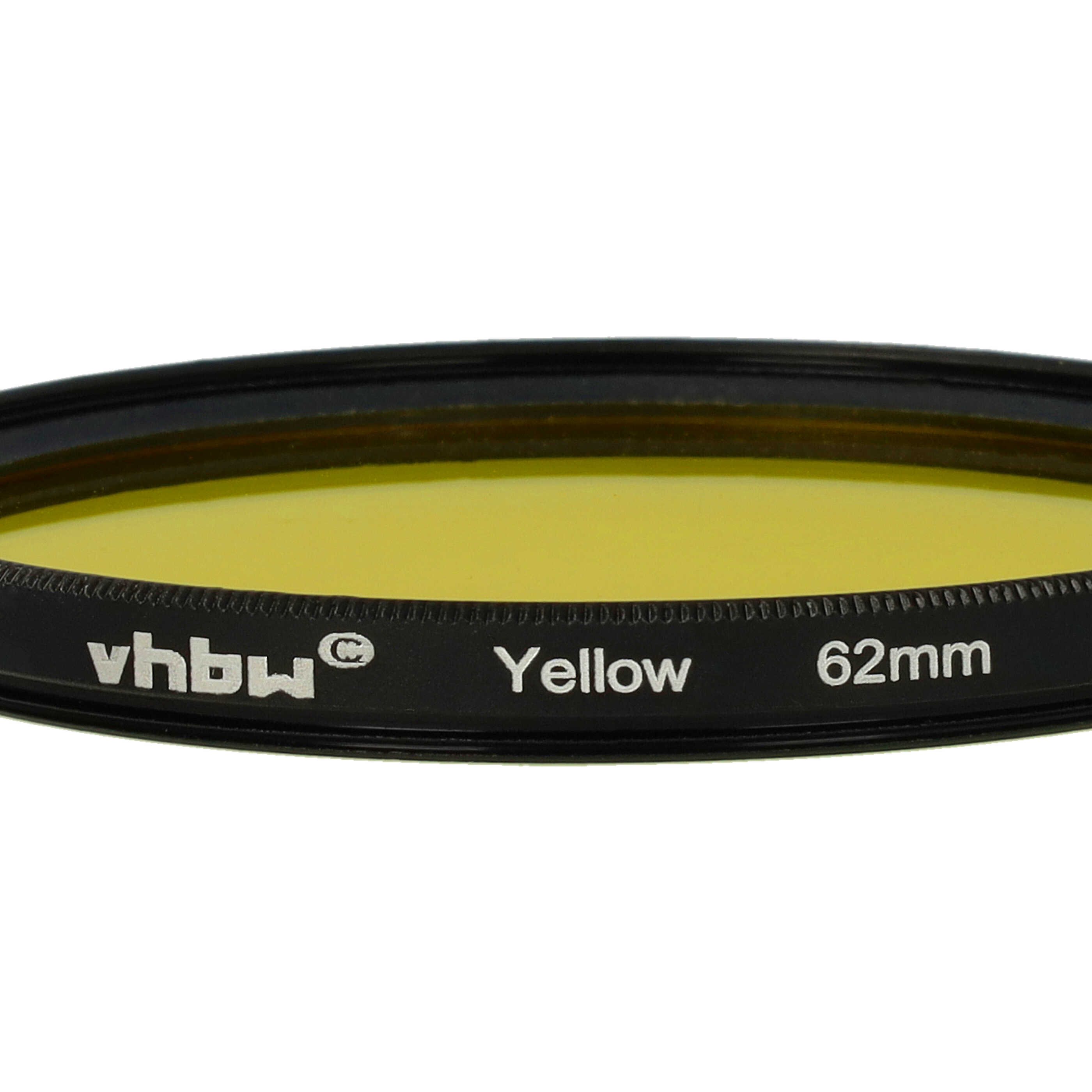 Ein gelber Objektivfilter mit schwarzem Rahmen. Auf dem Rahmen steht 'vhbw', 'Yellow' und '62mm'.