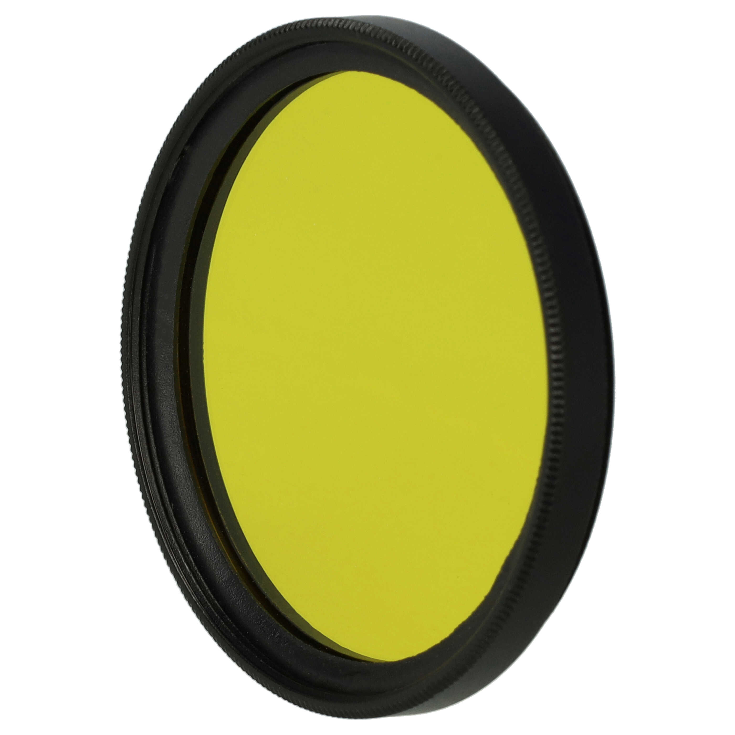 Ein gelber Filter für eine Kamera, umgeben von einem schwarzen Ring. Der Hintergrund ist weiß.