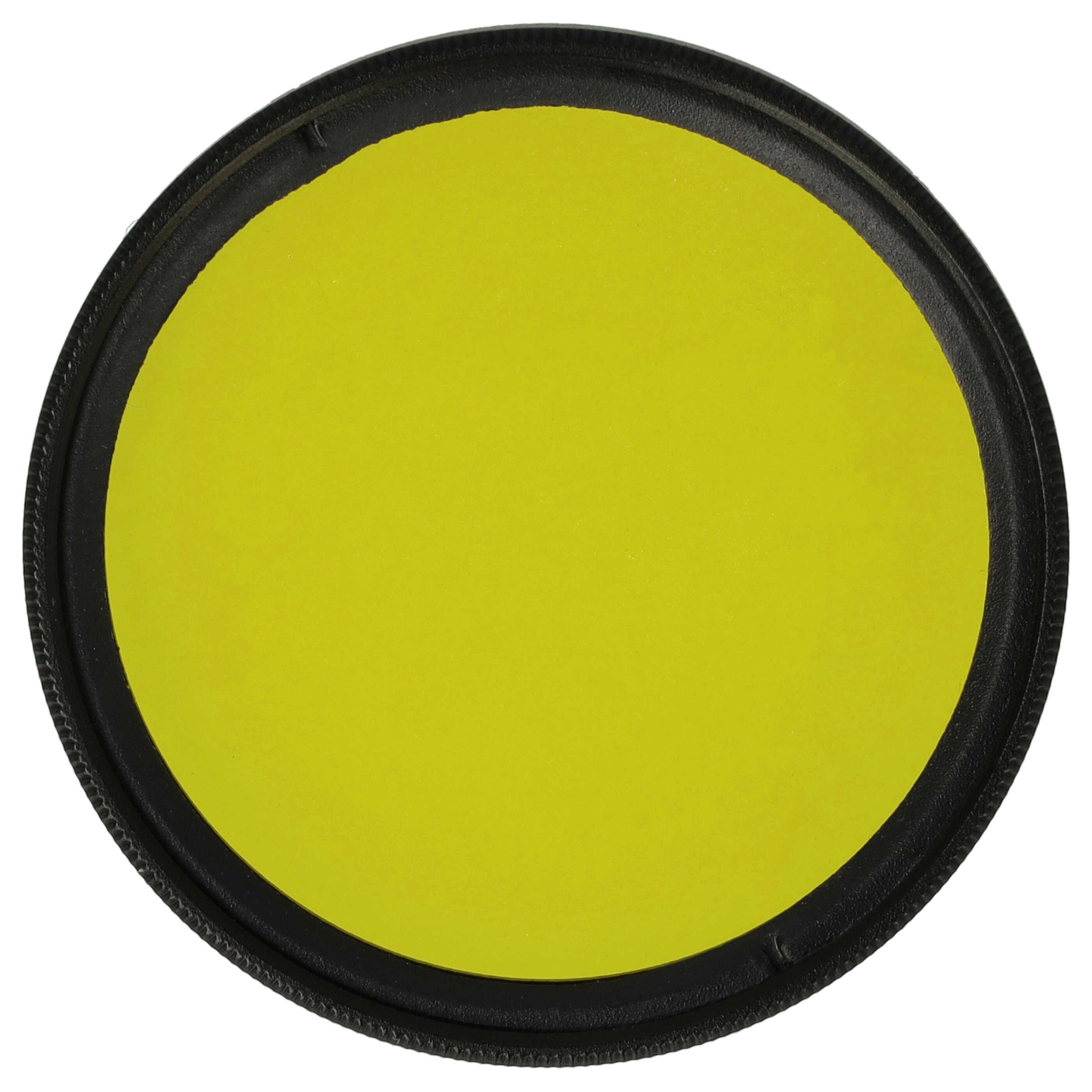 Ein kreisförmiger gelber Filter mit schwarzem Rand, isoliert vor weißem Hintergrund.